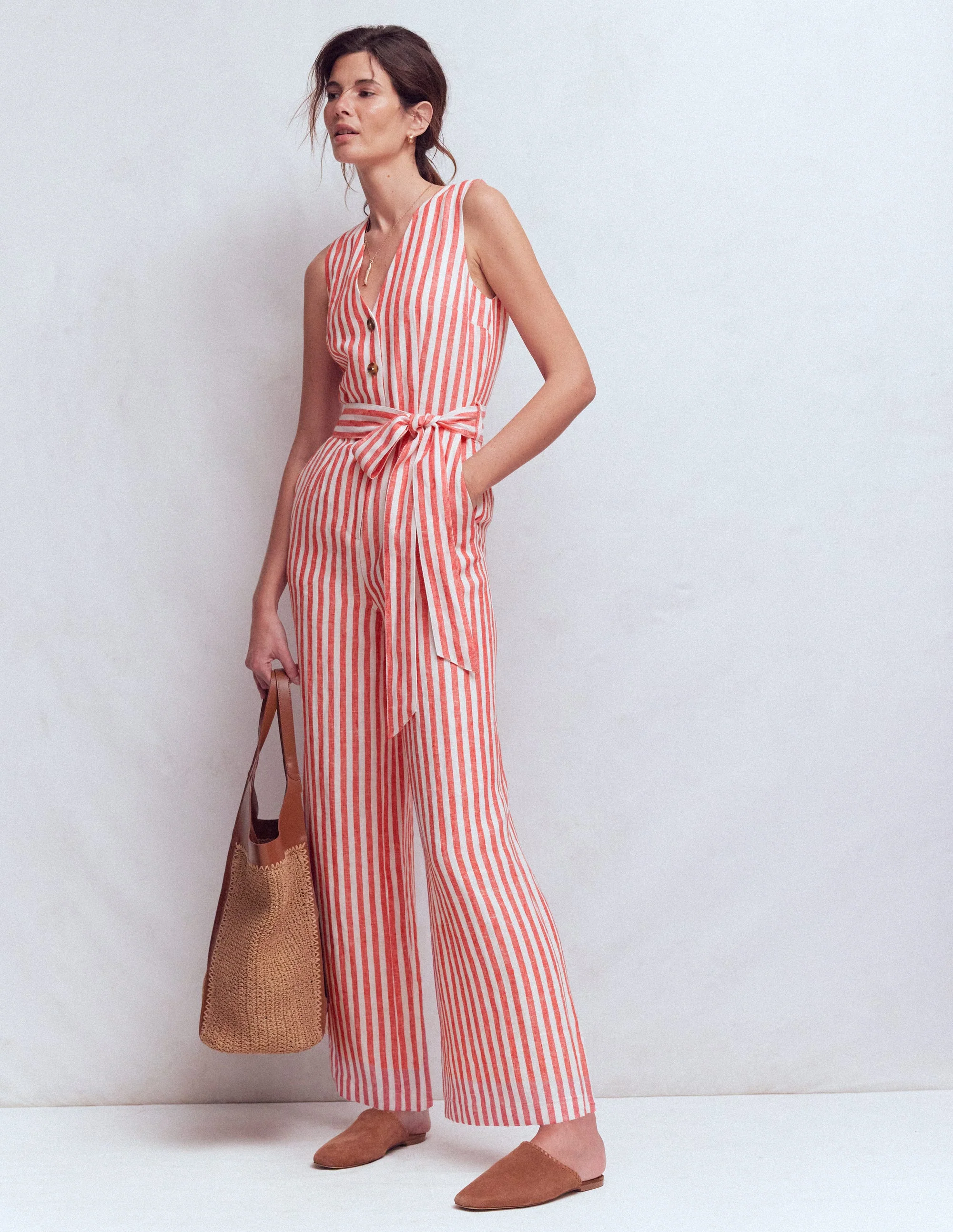 Laura V-neck Linen Jumpsuit-Red, Ivory Stripe - Image 4