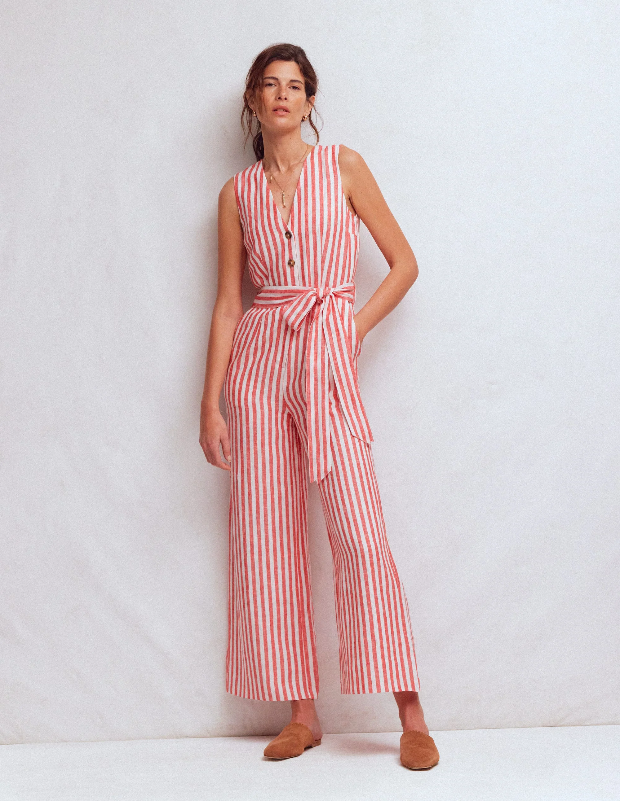 Laura V-neck Linen Jumpsuit-Red, Ivory Stripe - Image 5