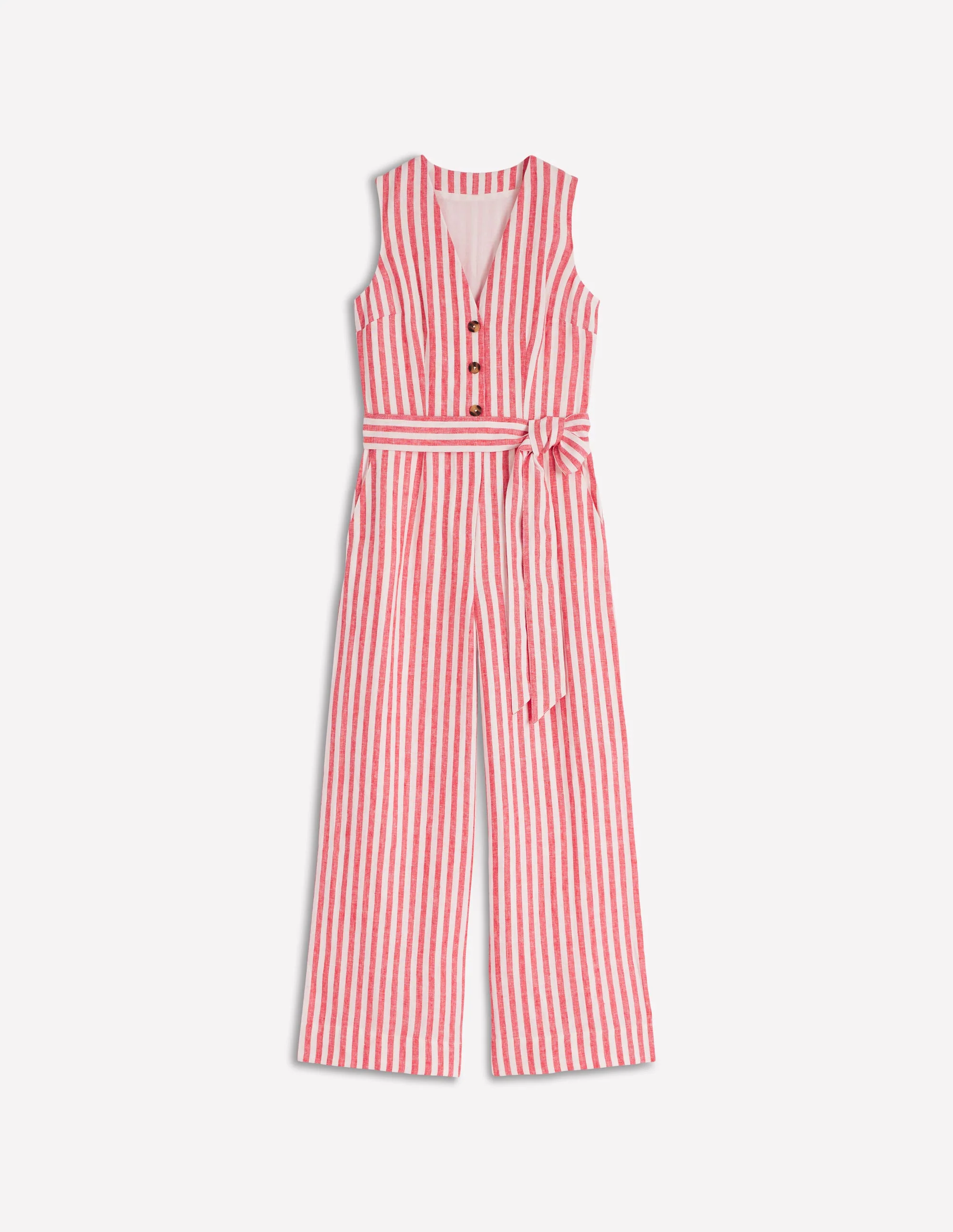 Laura V-neck Linen Jumpsuit-Red, Ivory Stripe - Image 7