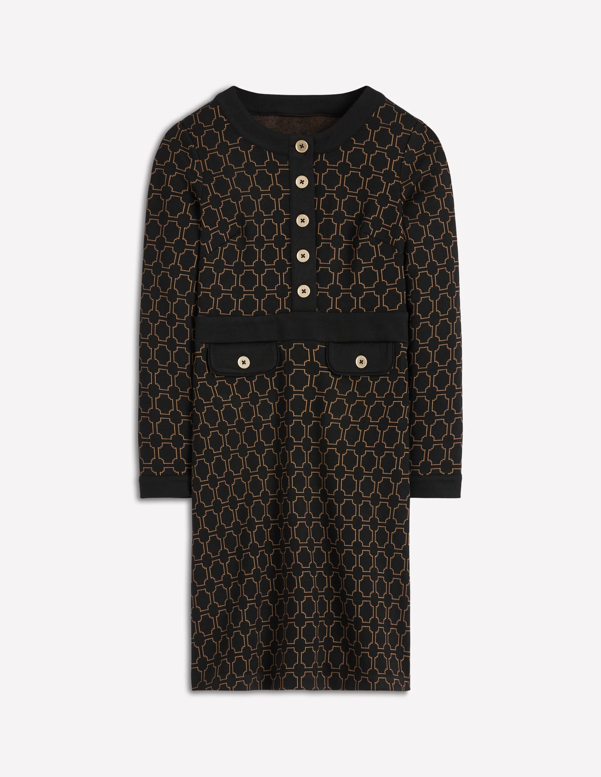 Lavinia Button Shift Dress-Black/Camel Jacquard - Image 6
