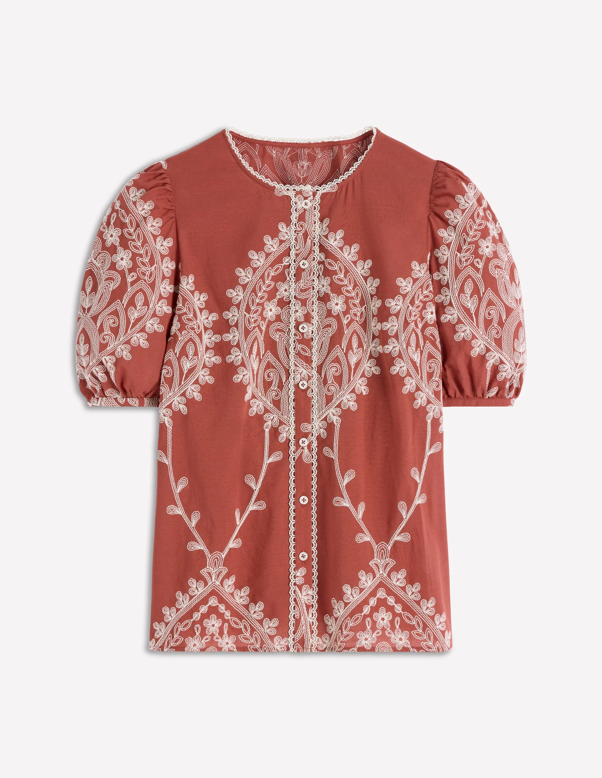 Leah Short Sleeve Interest Top-Red Floral Embroidery - Image 6