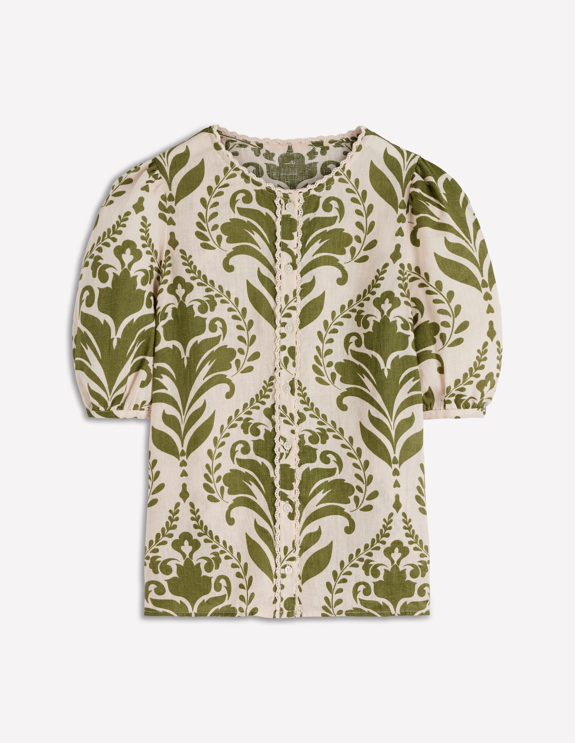 Leah Short Sleeve Linen Top-Ivory and Green Floral - Image 6