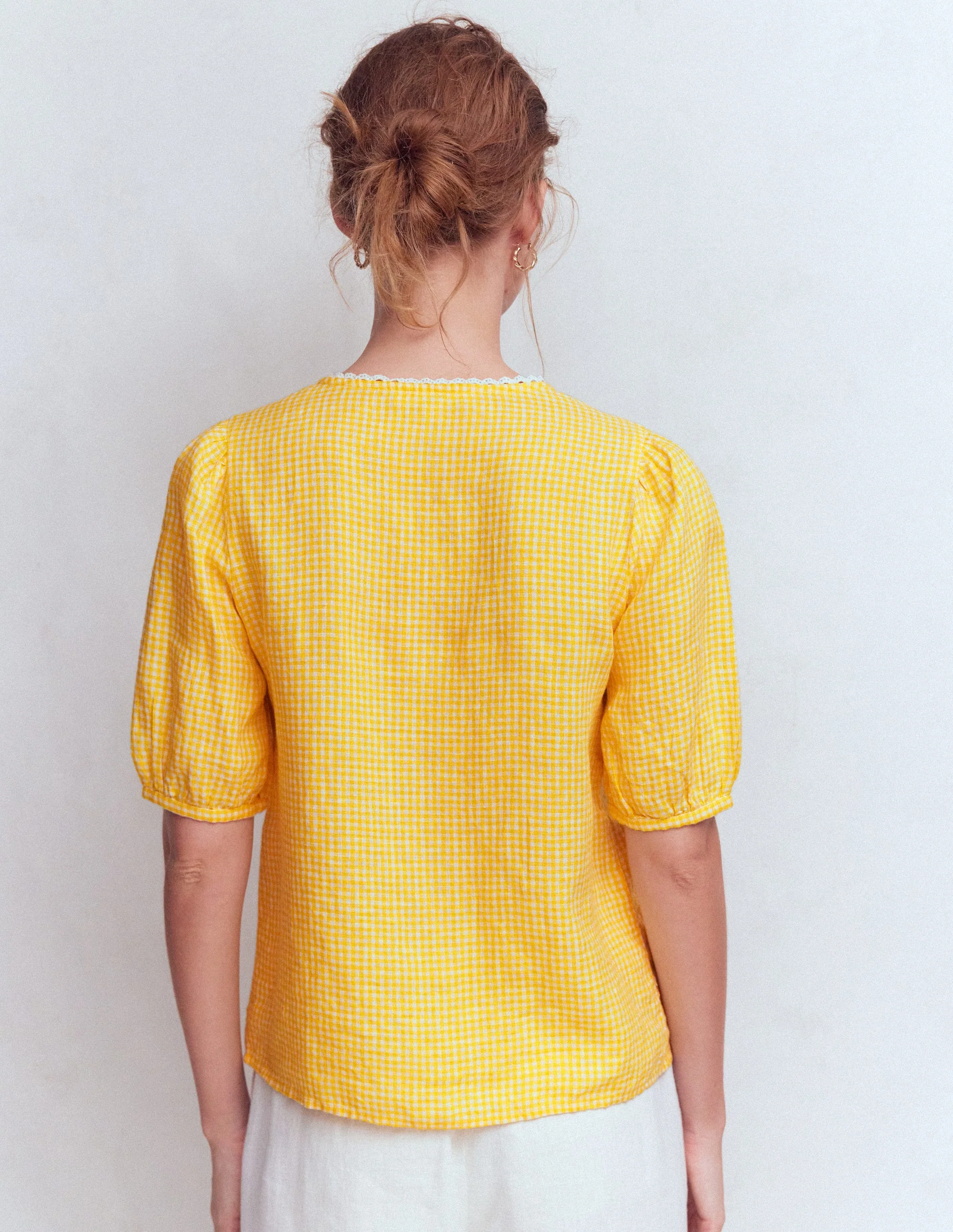Leah Short Sleeve Linen Top-Sunshine Yellow Gingham - Image 4