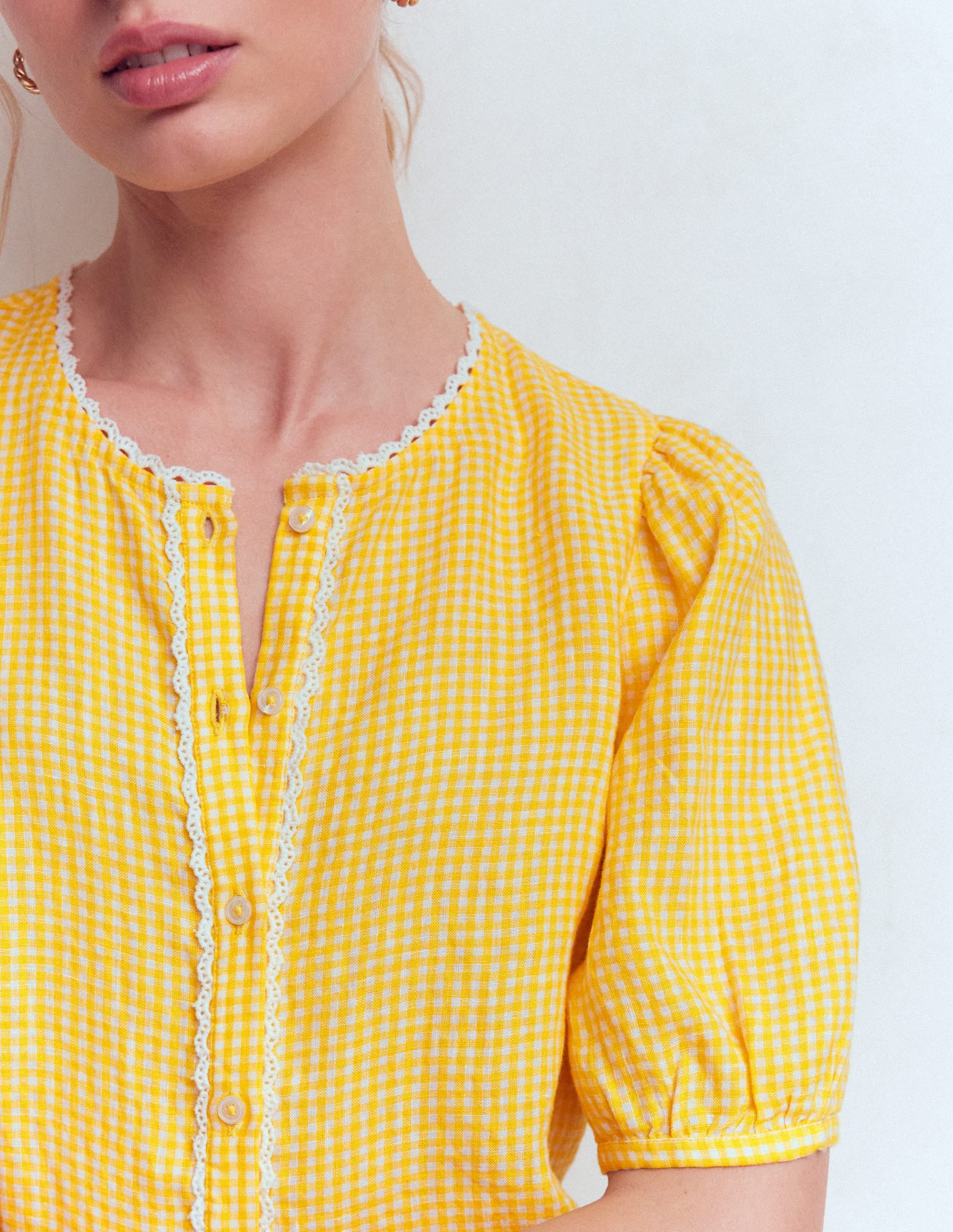 Leah Short Sleeve Linen Top-Sunshine Yellow Gingham - Image 6