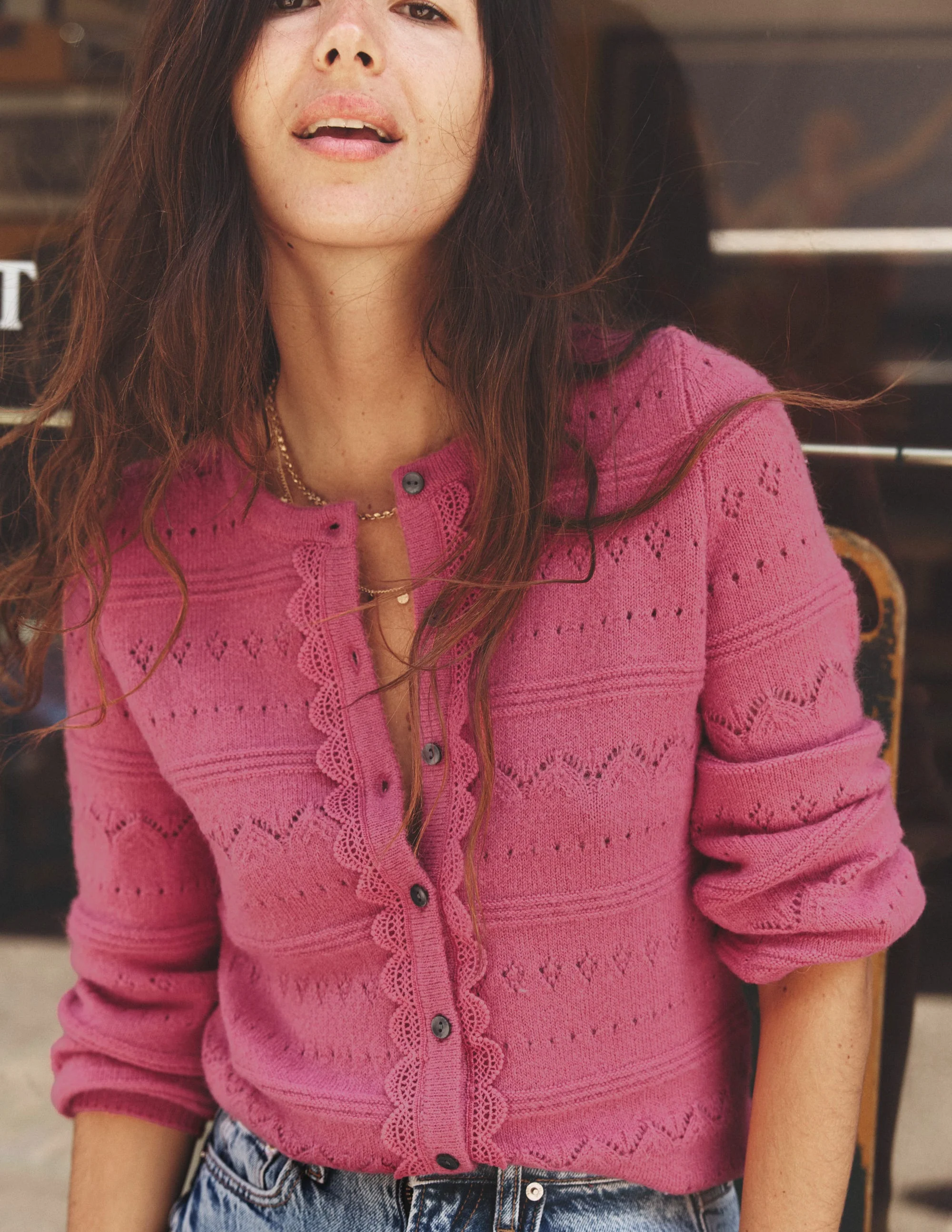 Leticia Lace Trim Cardigan-Rose Pink - Image 5