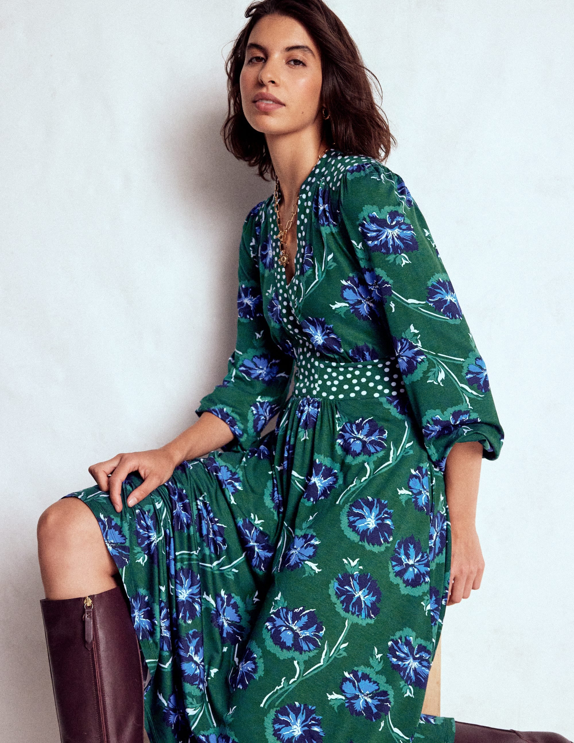 Lily Long Sleeve Midi Dress-Emerald, Delicate Carnation