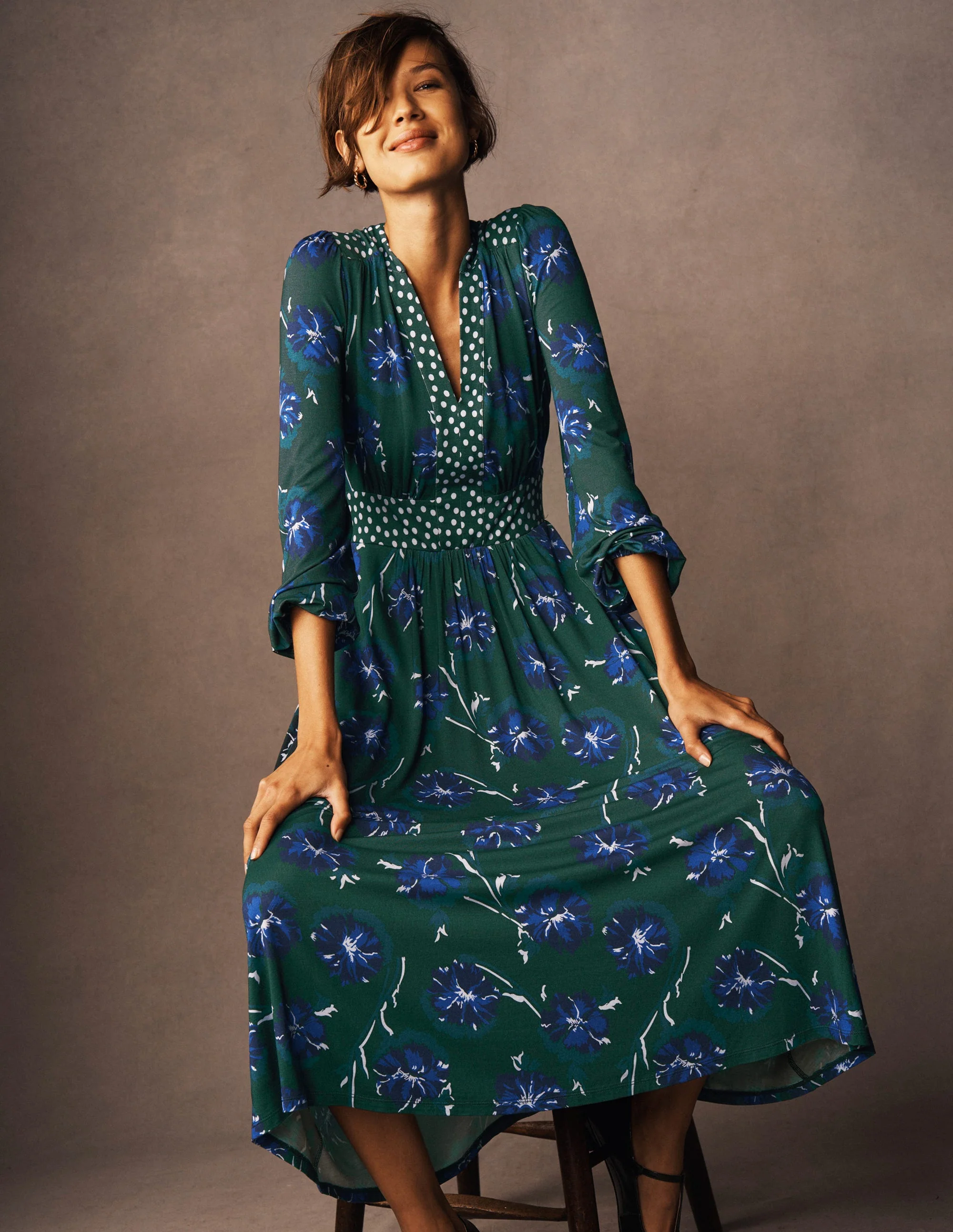 Lily Long Sleeve Midi Dress-Emerald, Delicate Carnation - Image 5