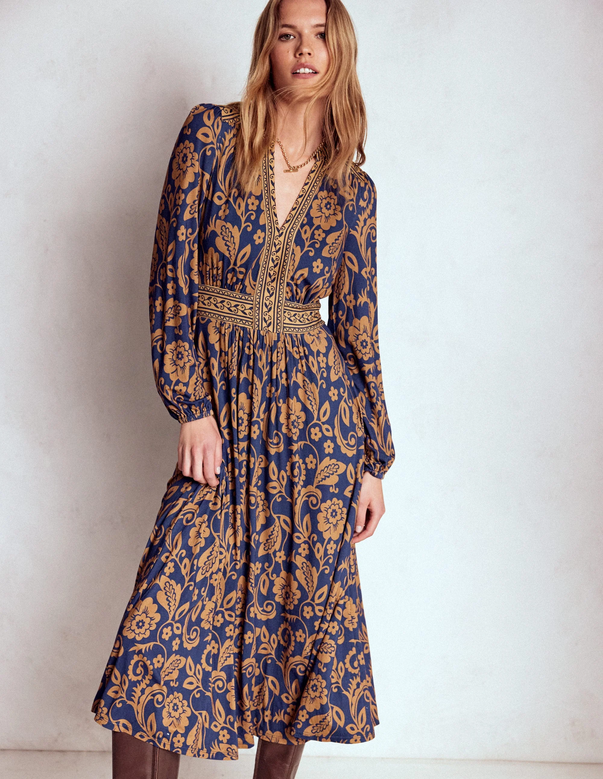 Lily Long Sleeve Midi Dress-French Navy, Ornate Flora