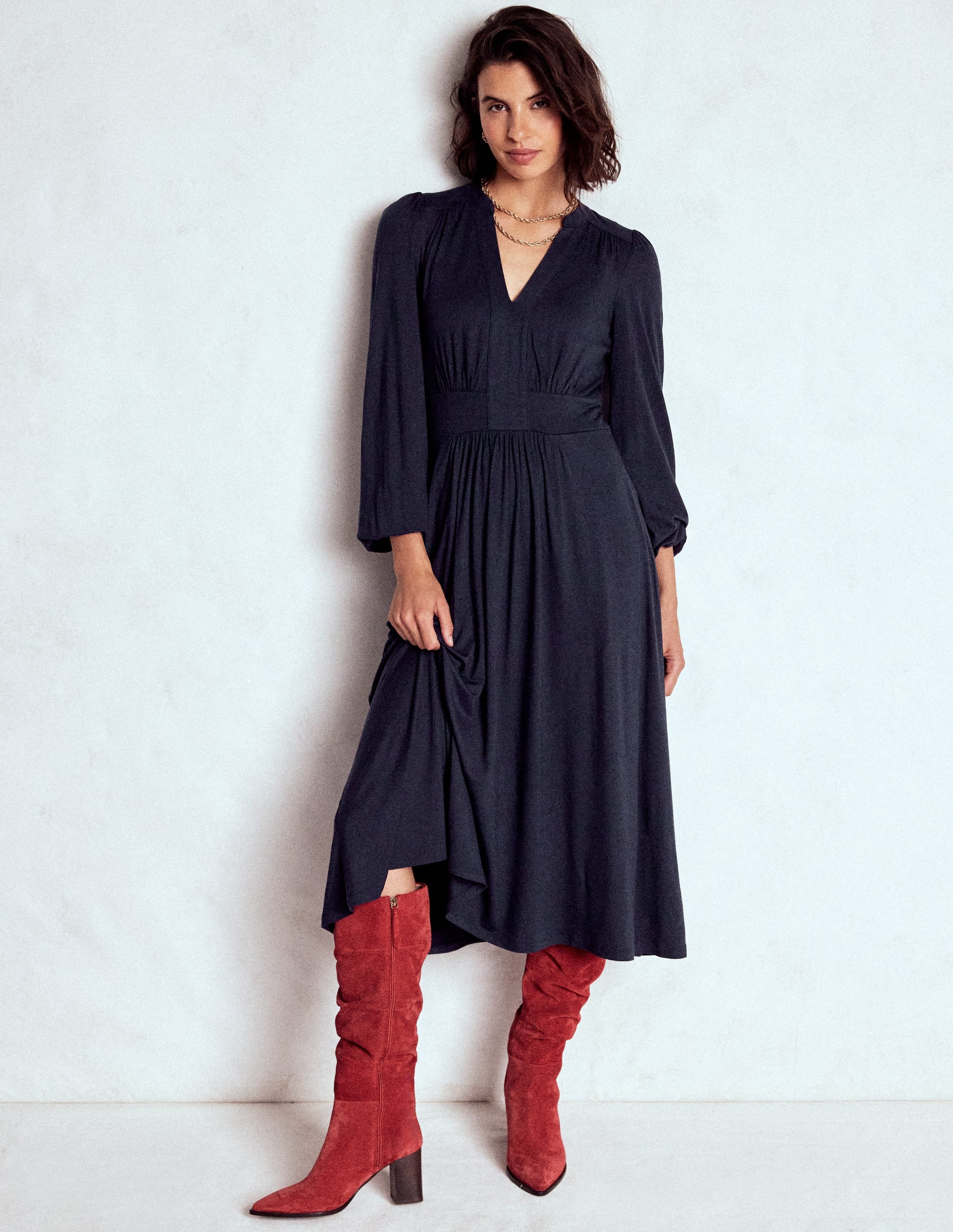 Lily Long Sleeve Midi Dress-Navy - Image 4