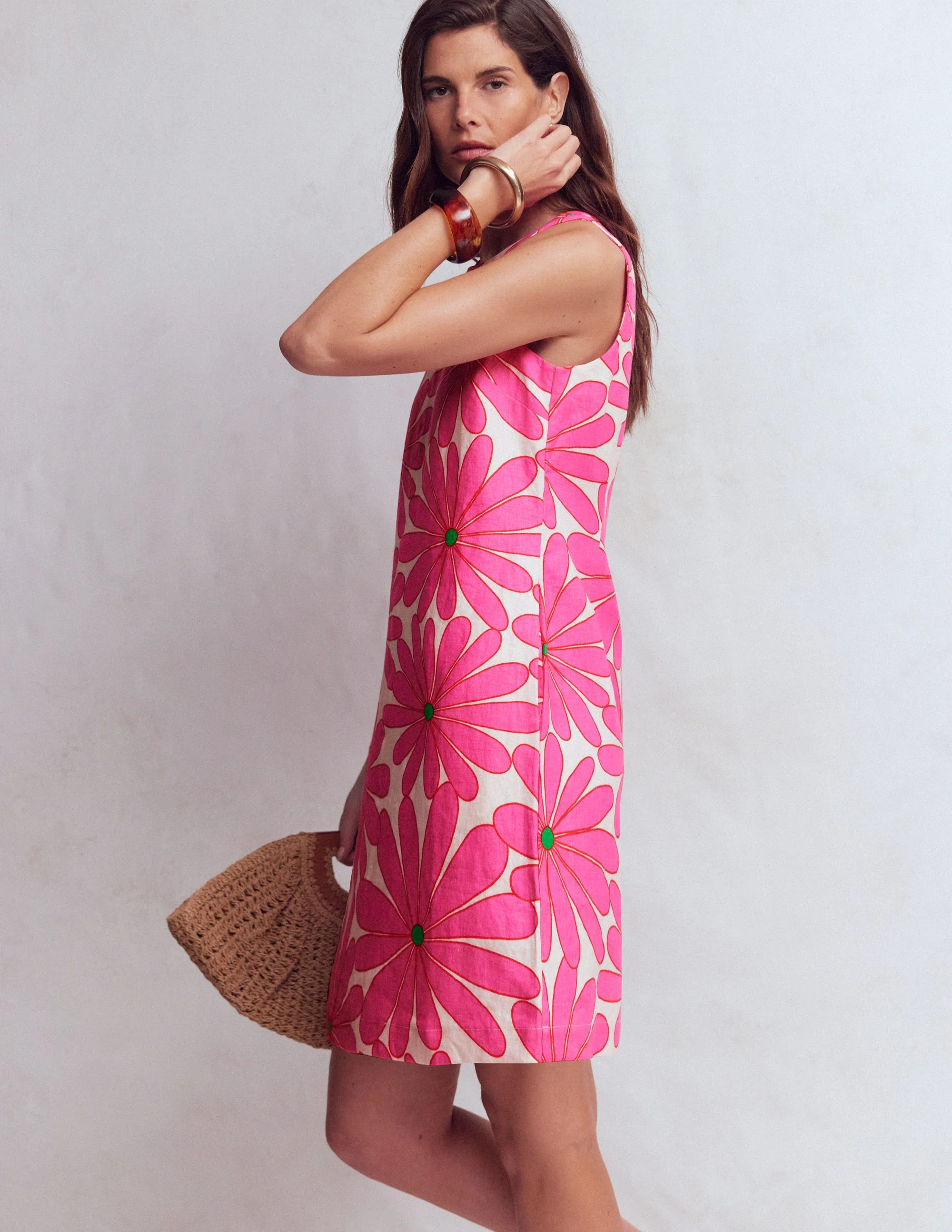 Linen A-line Shift Dress-Knockout Pink, Daisy Blossom - Image 5