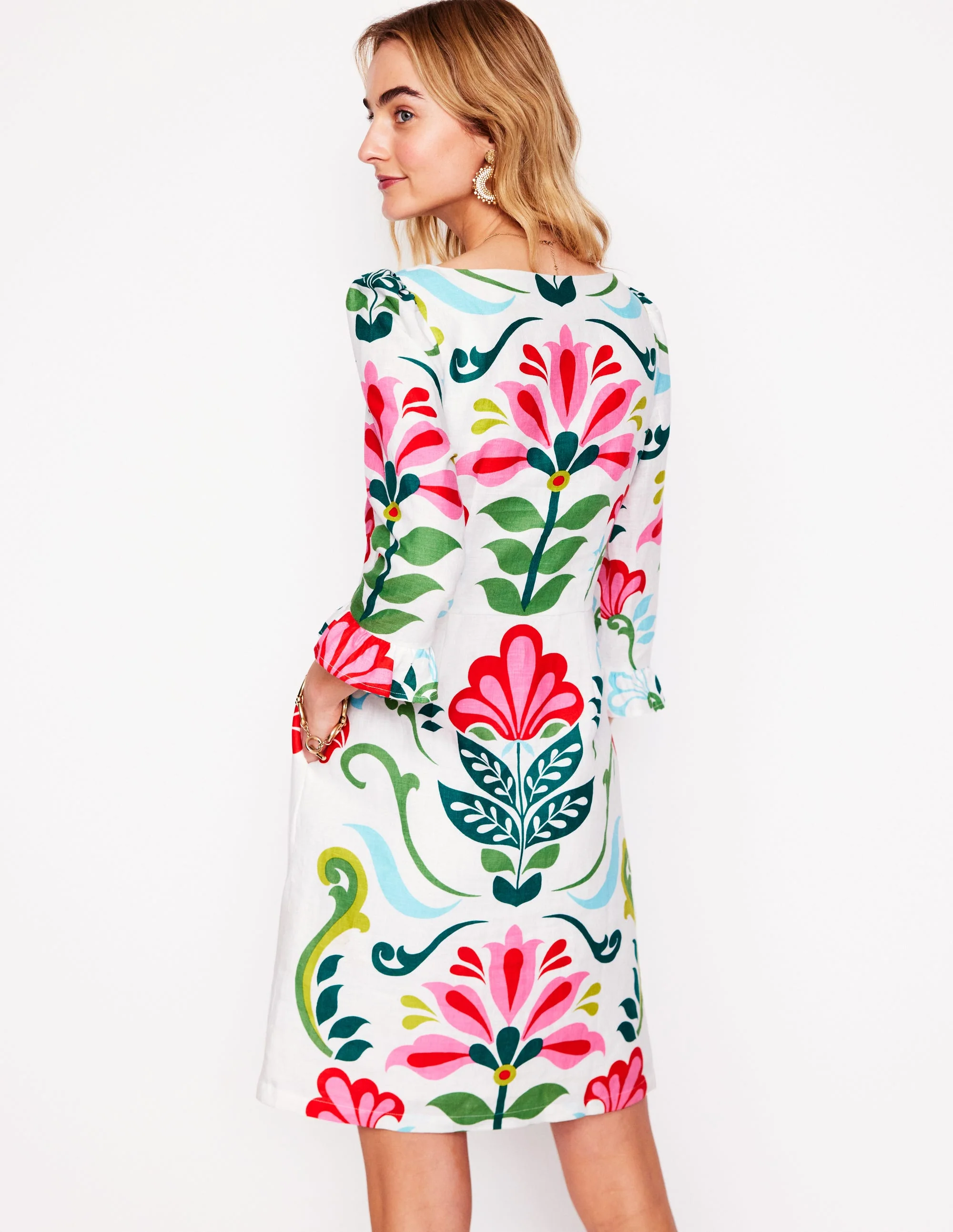 Linen Flute Sleeve Dress-Ivory, Decorative Stems - Image 3