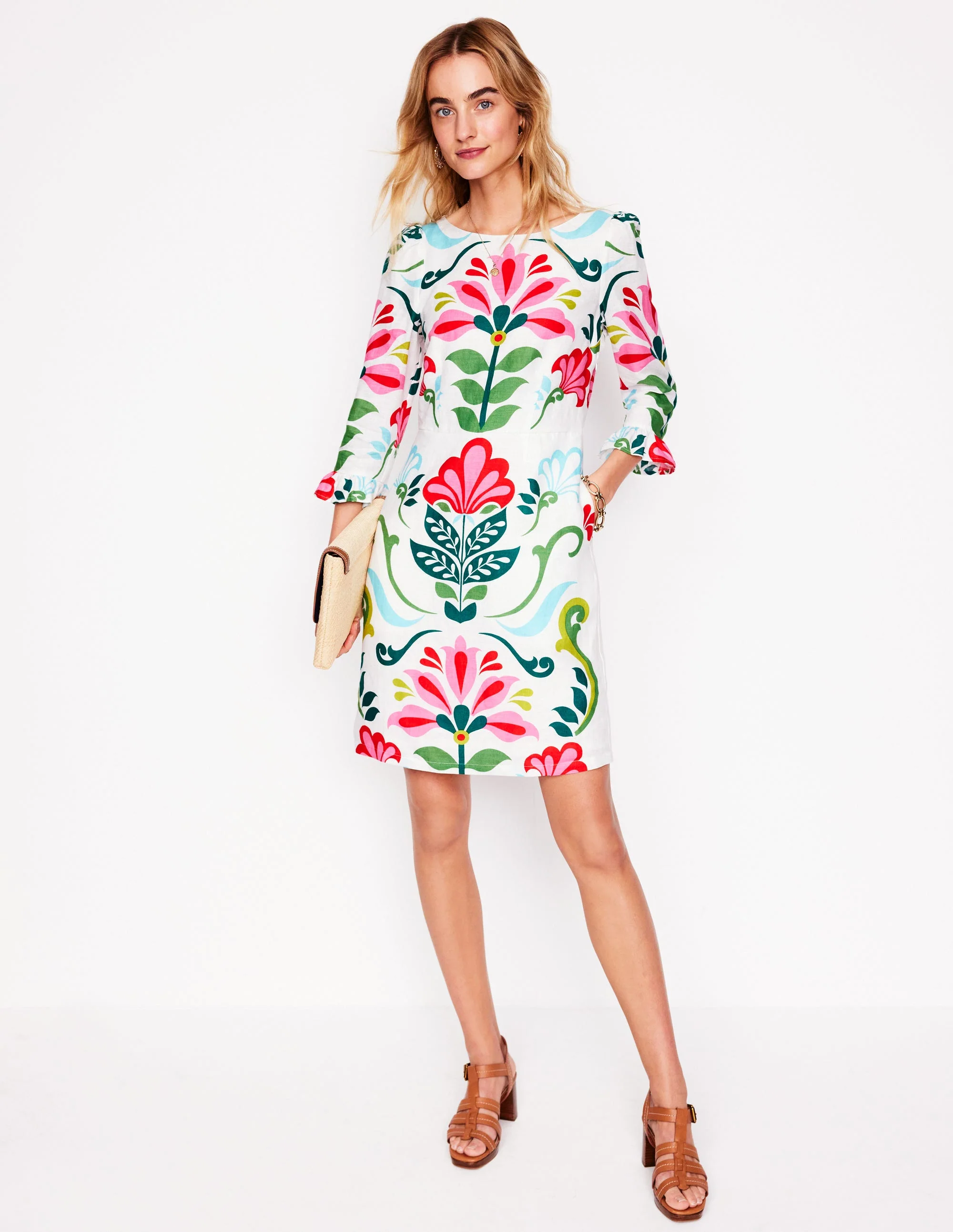 Linen Flute Sleeve Dress-Ivory, Decorative Stems - Image 4