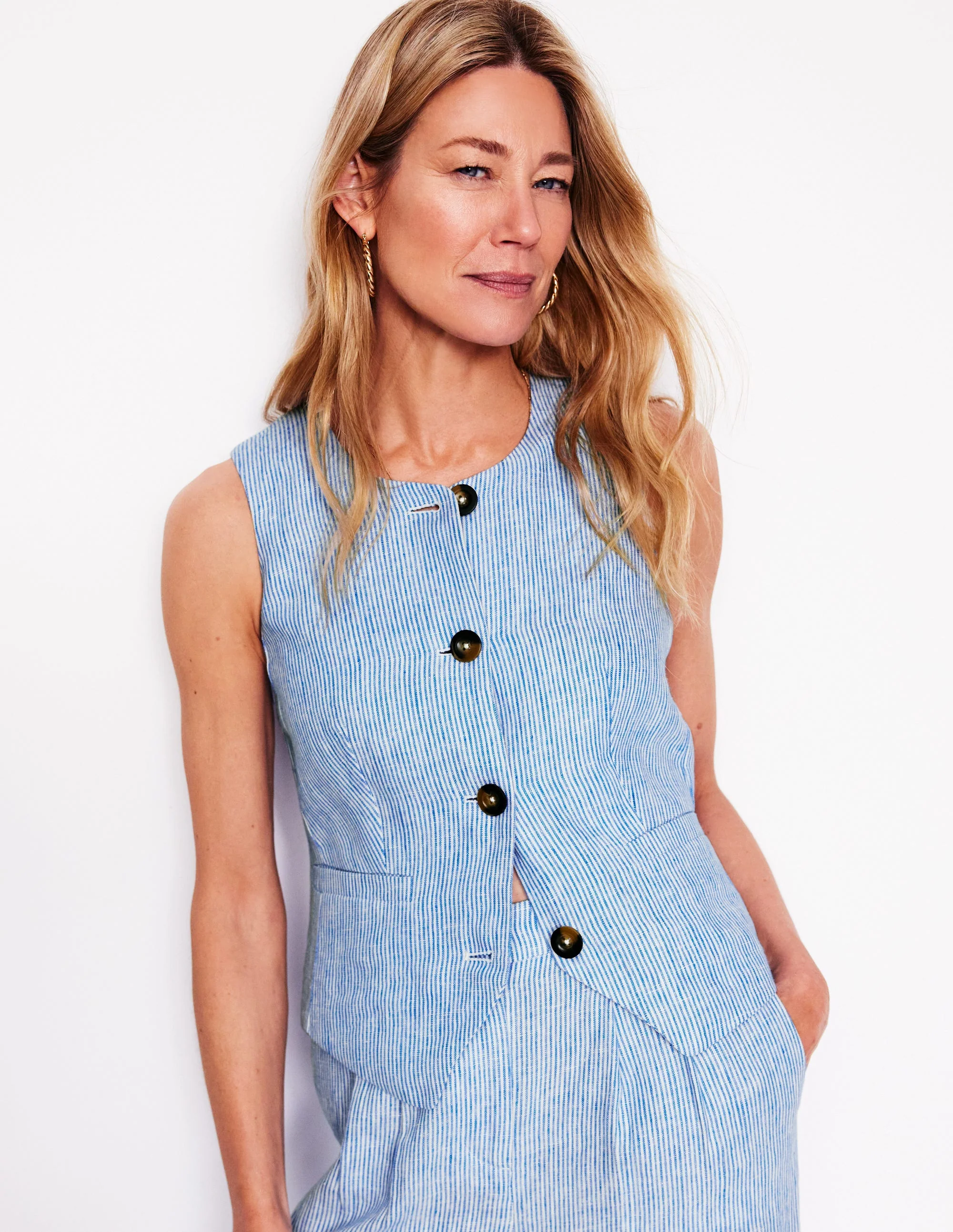 Linen Scoop Neck Waistcoat-Kingfisher Blue Fine Stripe