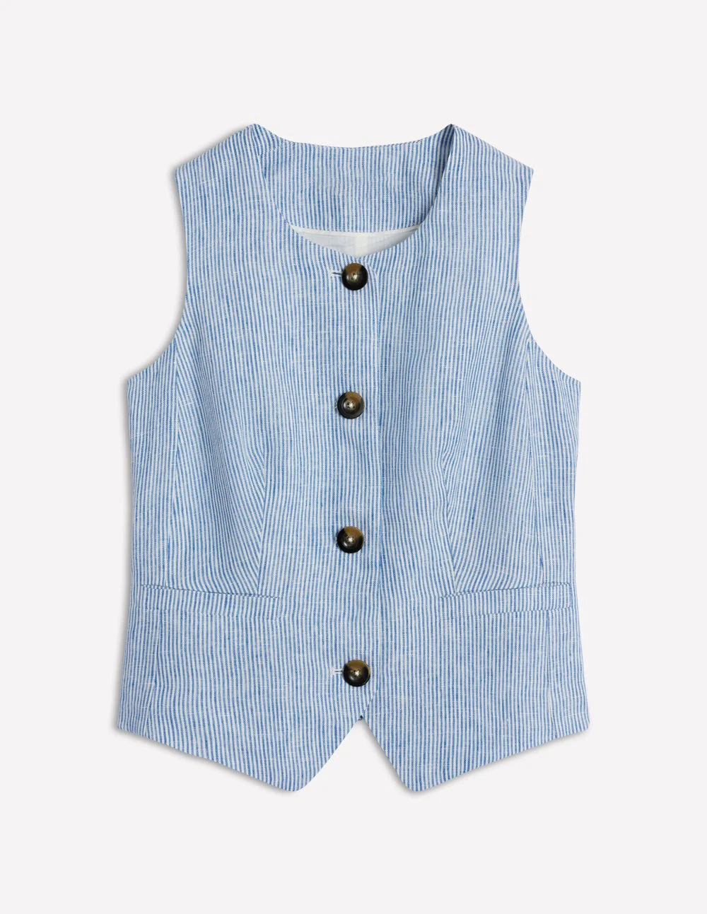 Linen Scoop Neck Waistcoat-Kingfisher Blue Fine Stripe - Image 6