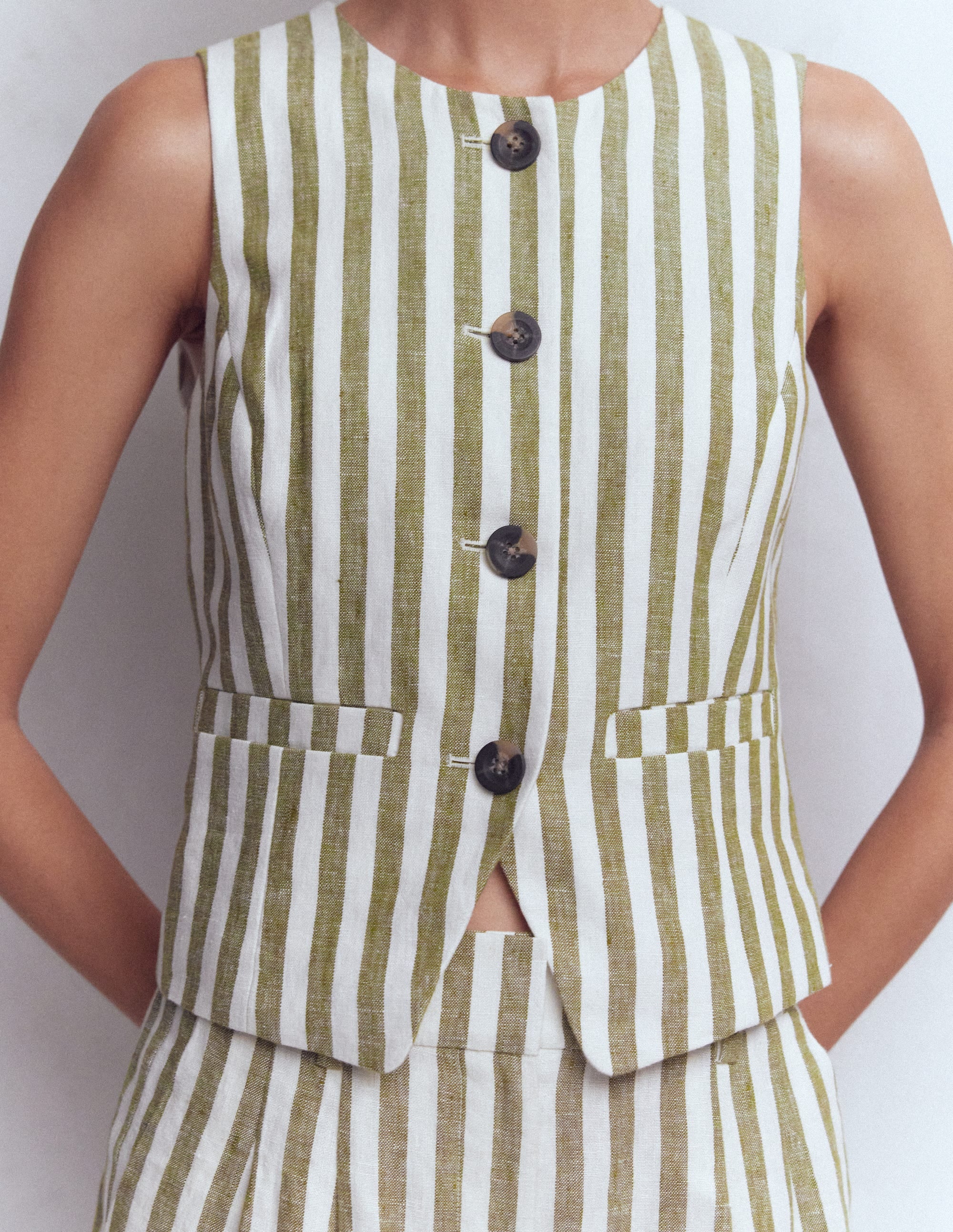 Linen Scoop Neck Waistcoat-Olive, Ivory Stripe - Image 3
