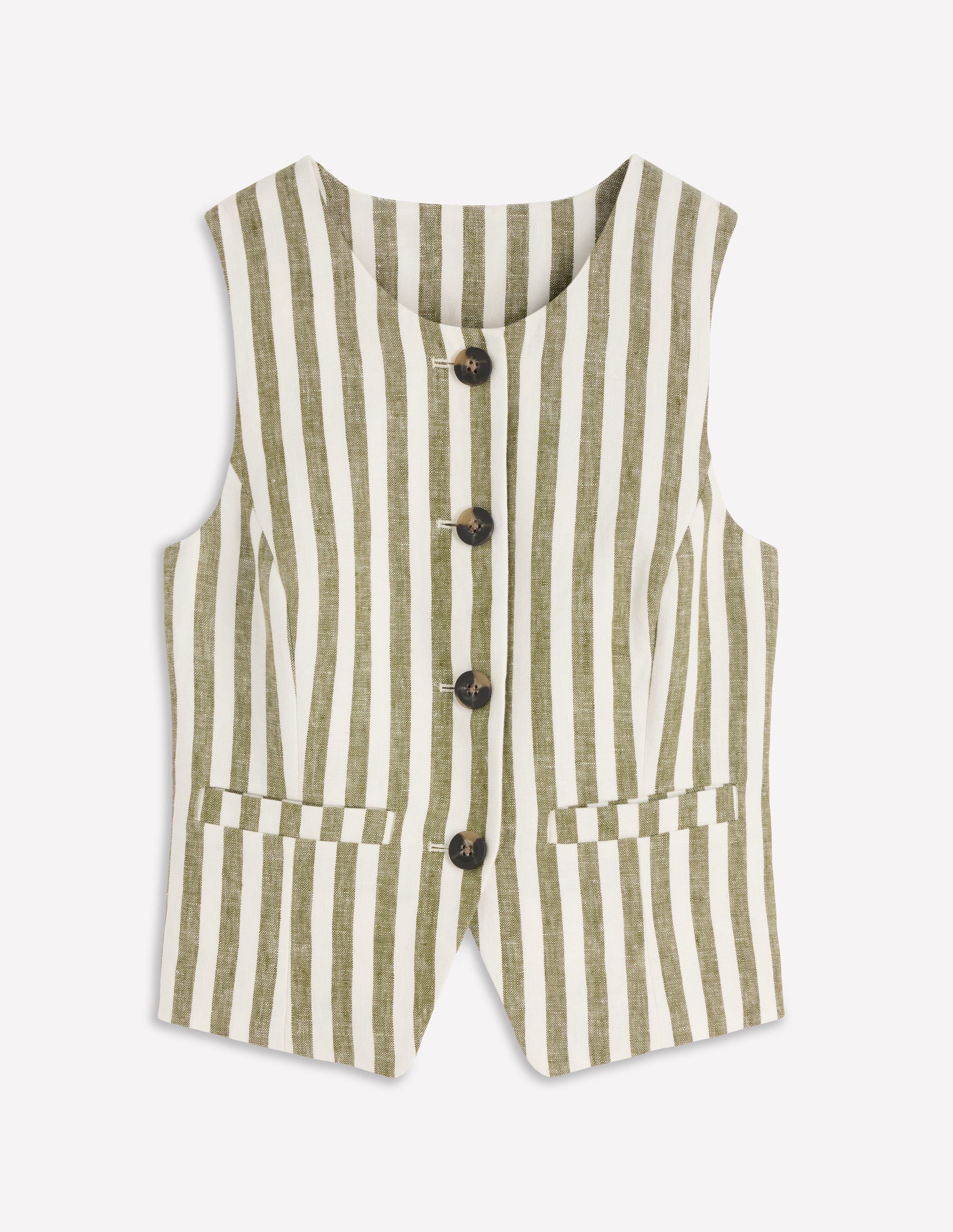 Linen Scoop Neck Waistcoat-Olive, Ivory Stripe - Image 7