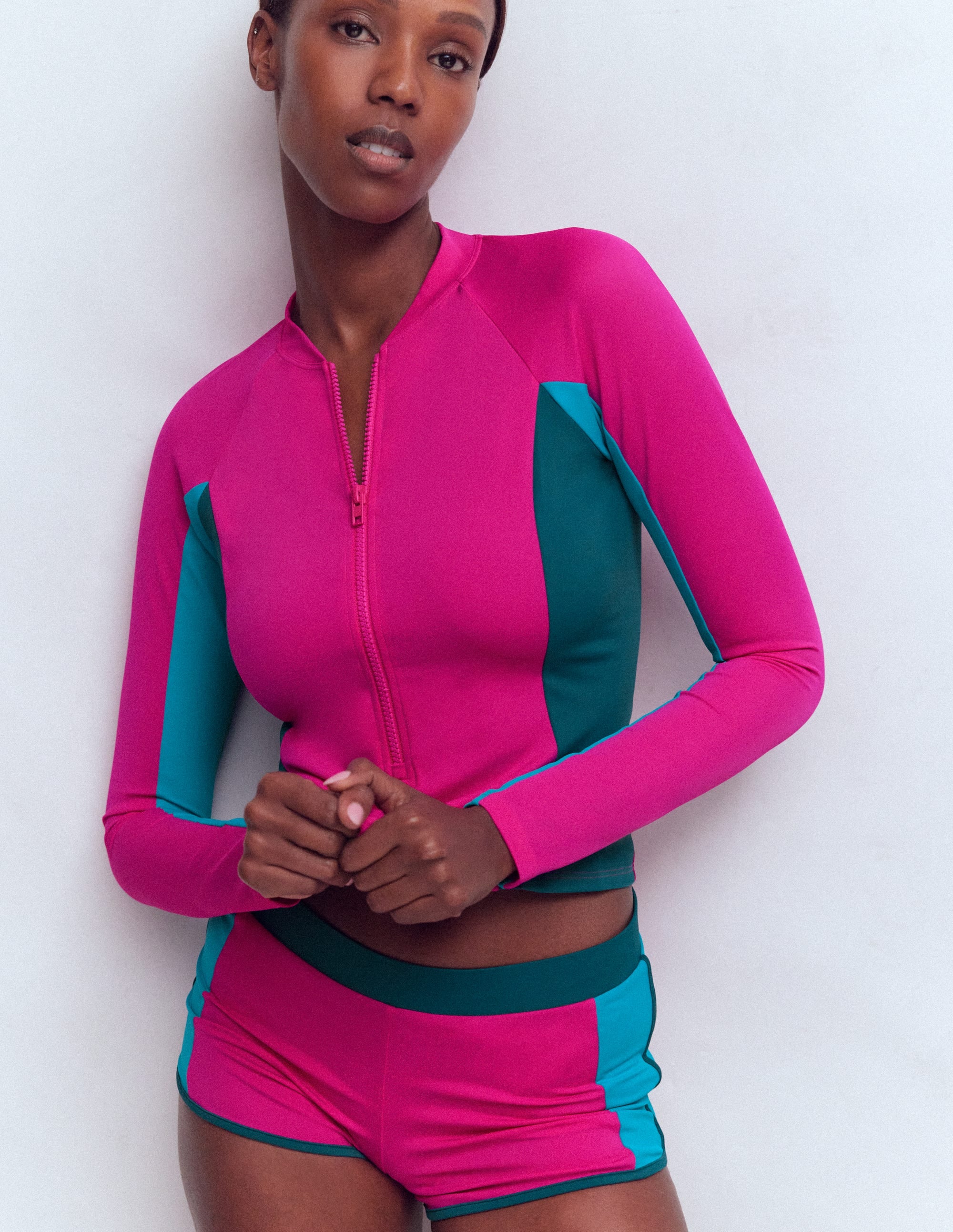Long Sleeve Rash Guard Top-Pink Colourblock