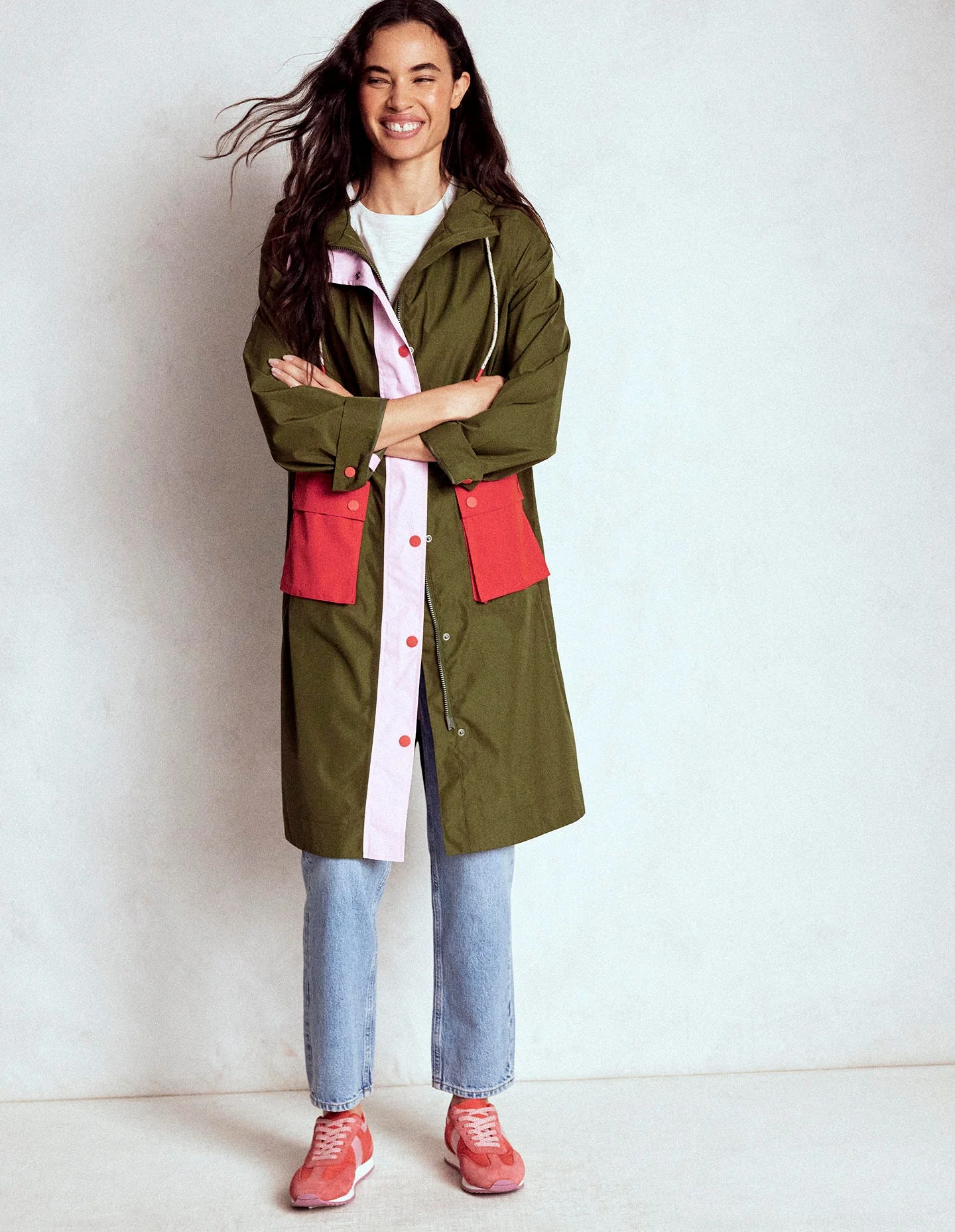 Longline Rain Mac-Khaki Colourblock