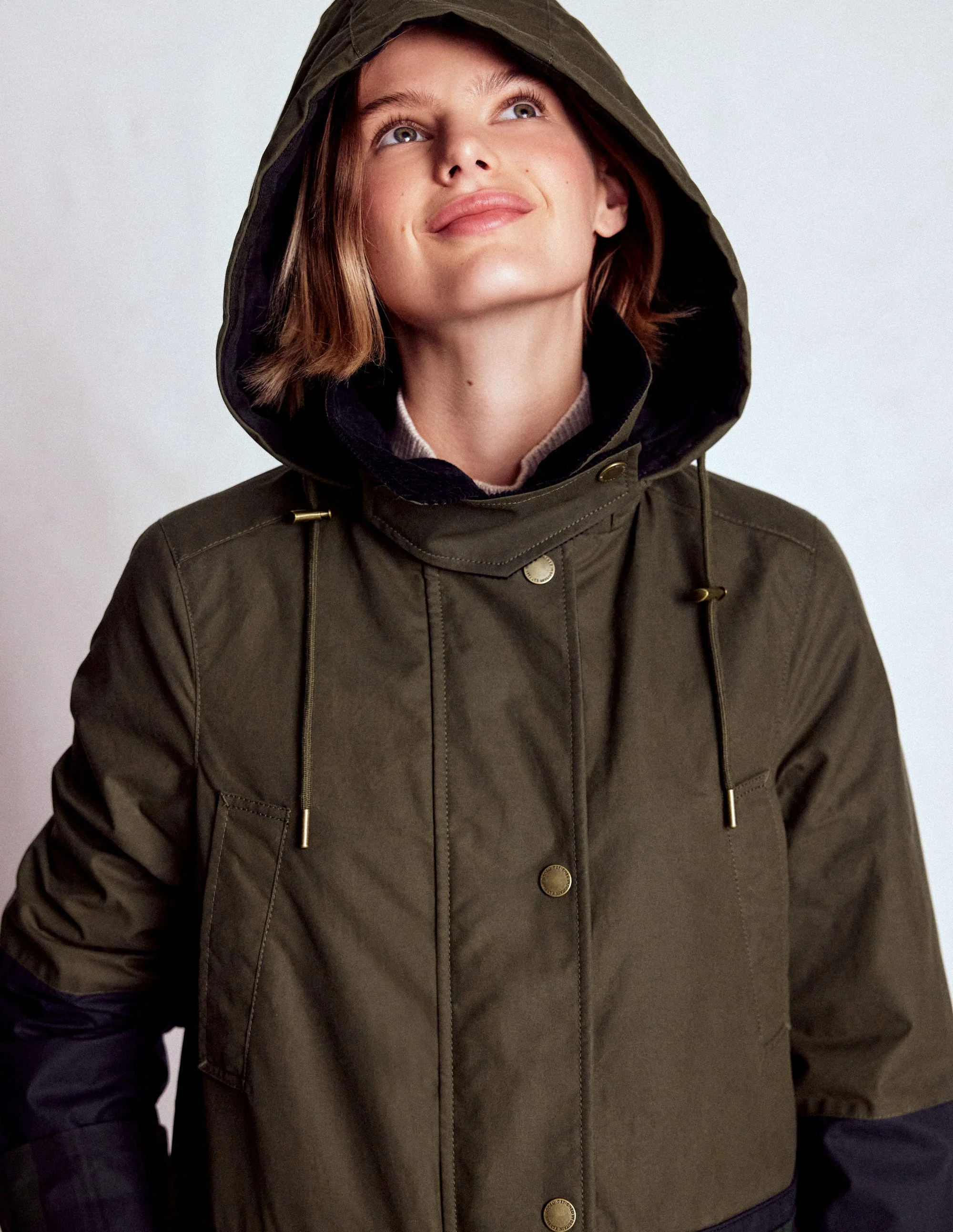 Longline Wax Coat-Navy Khaki Colourblock - Image 2