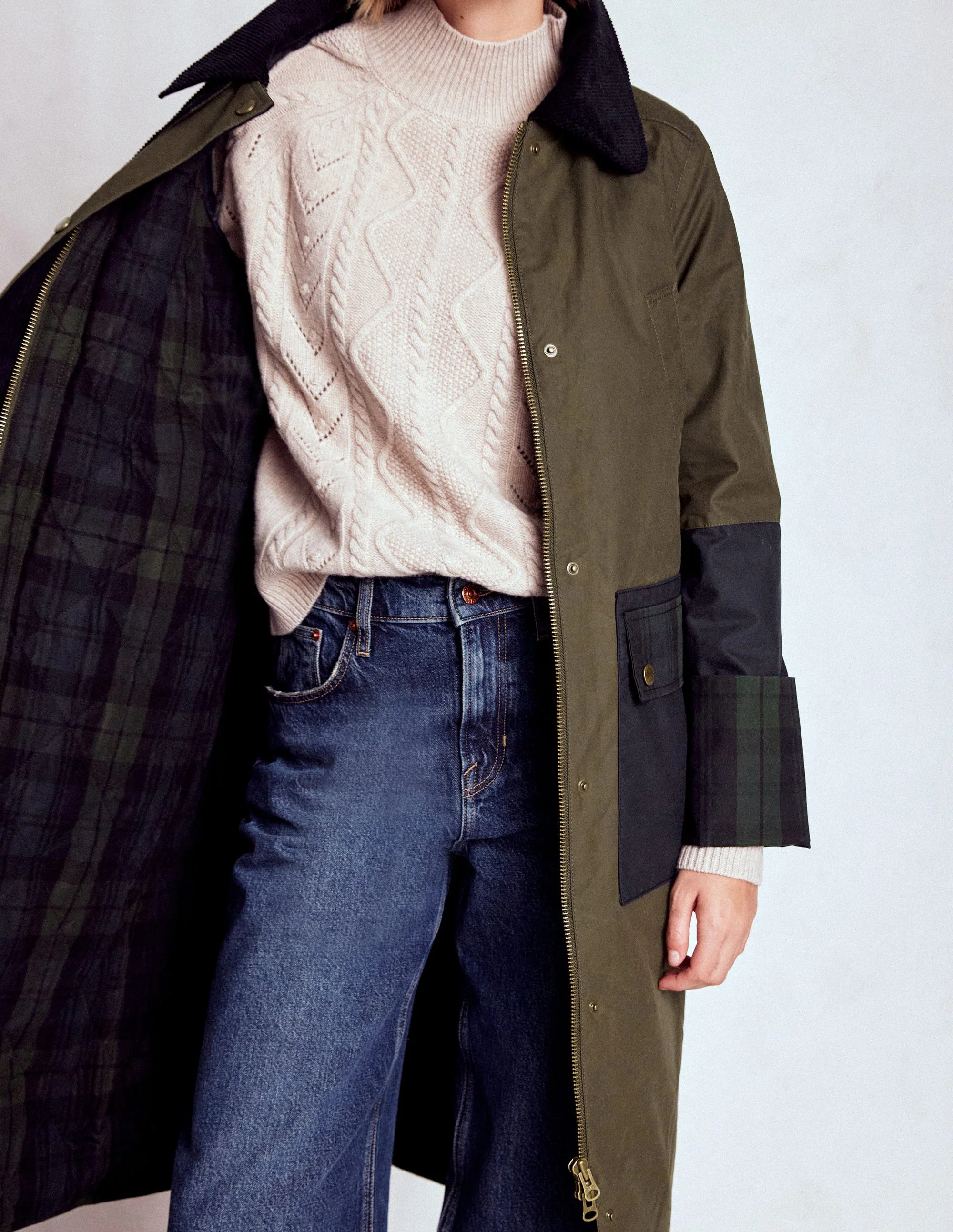 Longline Wax Coat-Navy Khaki Colourblock - Image 6