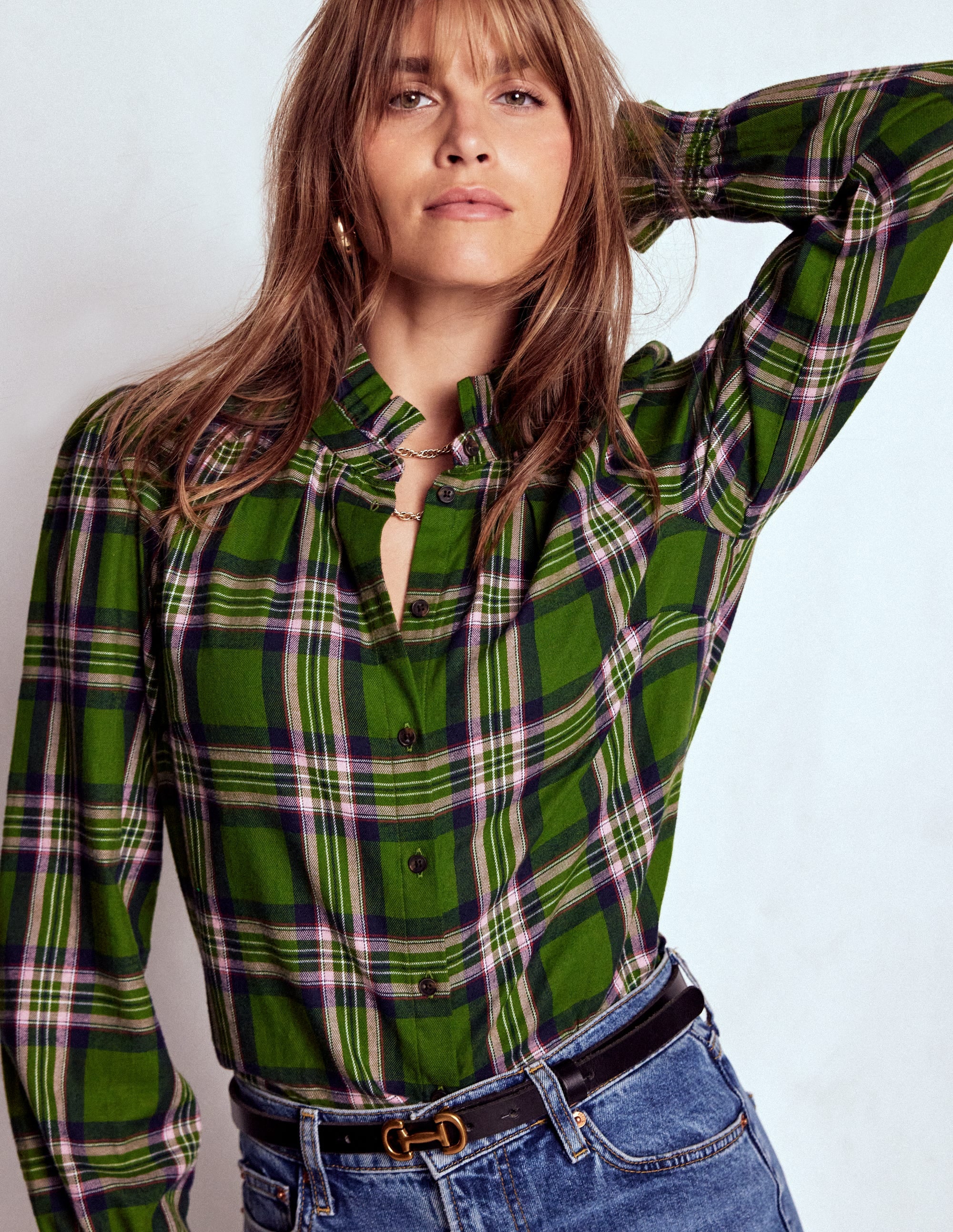 Lorna Brushed Cotton Top-Green, Navy & Pink Check - Image 6