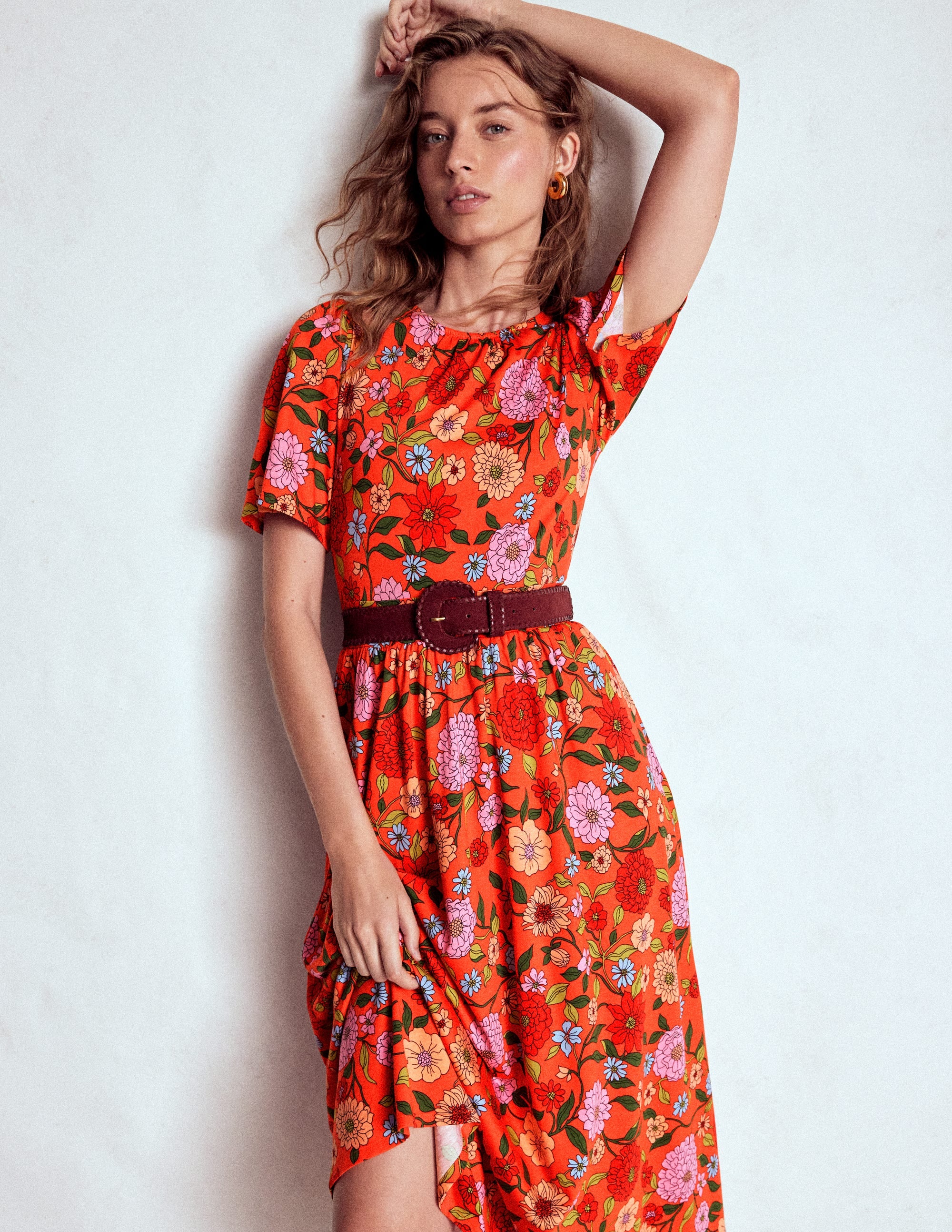 Louisa Jersey Midi Dress-Firecracker Red, Dahlia Trail - Image 2
