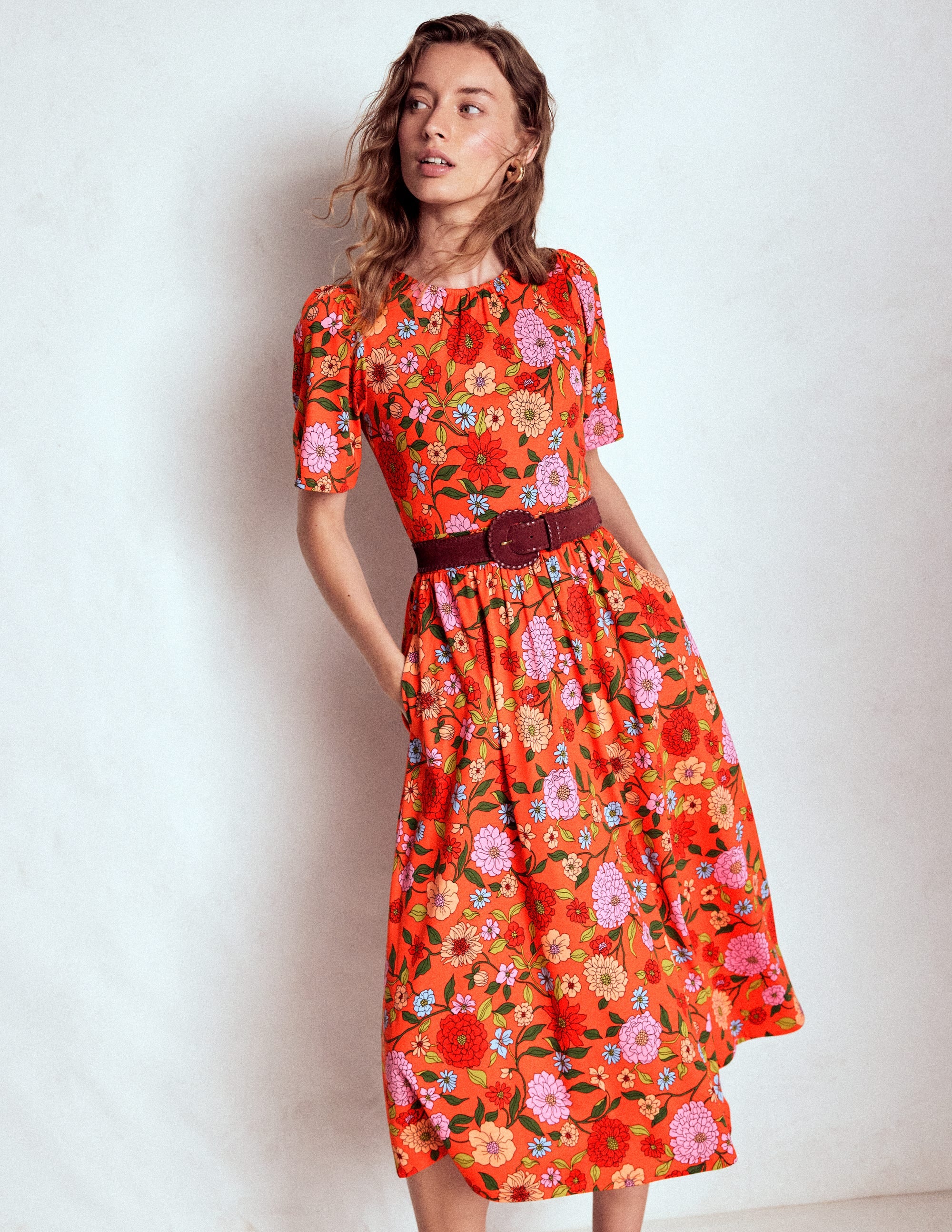Louisa Jersey Midi Dress-Firecracker Red, Dahlia Trail - Image 3
