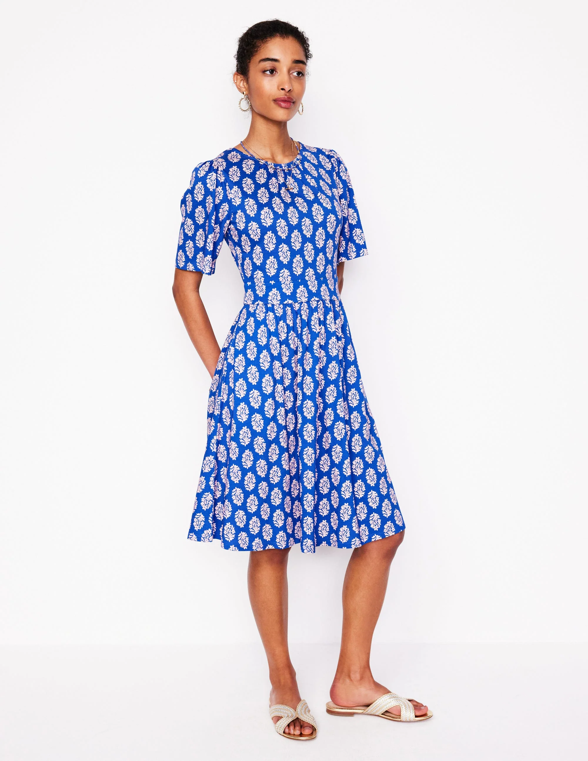 Louisa Short Jersey Dress-Gallery Blue, Posy Stamp - Image 4
