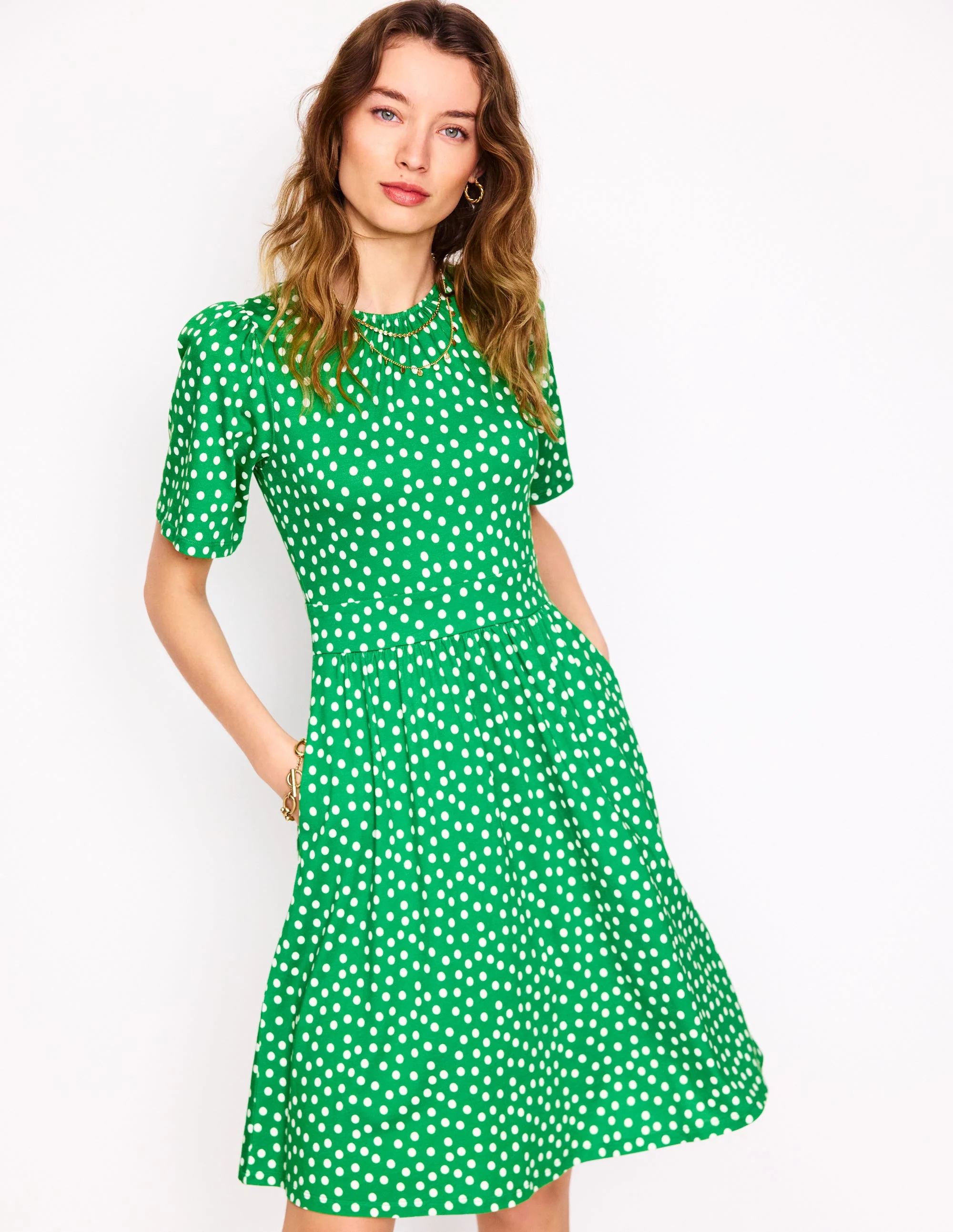 Louisa Short Jersey Dress-Lime Juice Green, Abstract Dot - Image 4