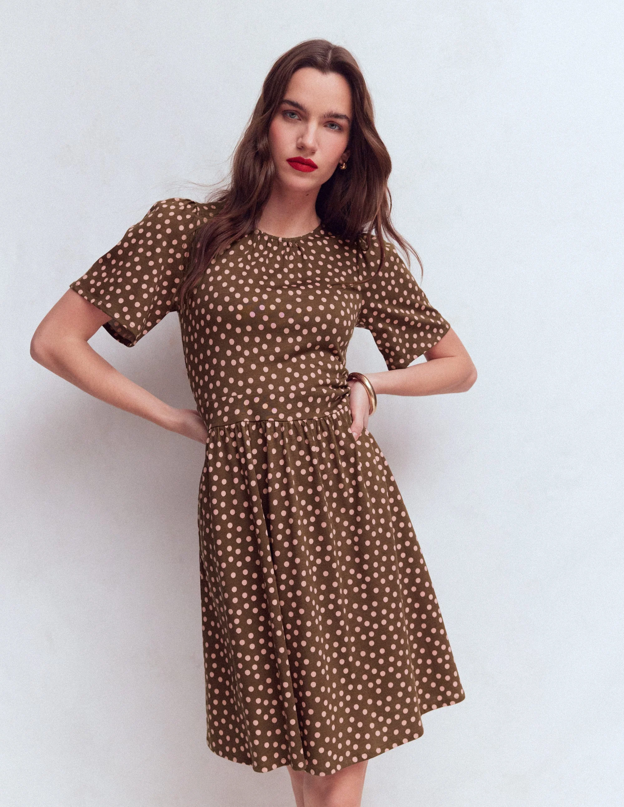 Louisa Short Jersey Dress-Raw Umber, Painted Dot - Image 4