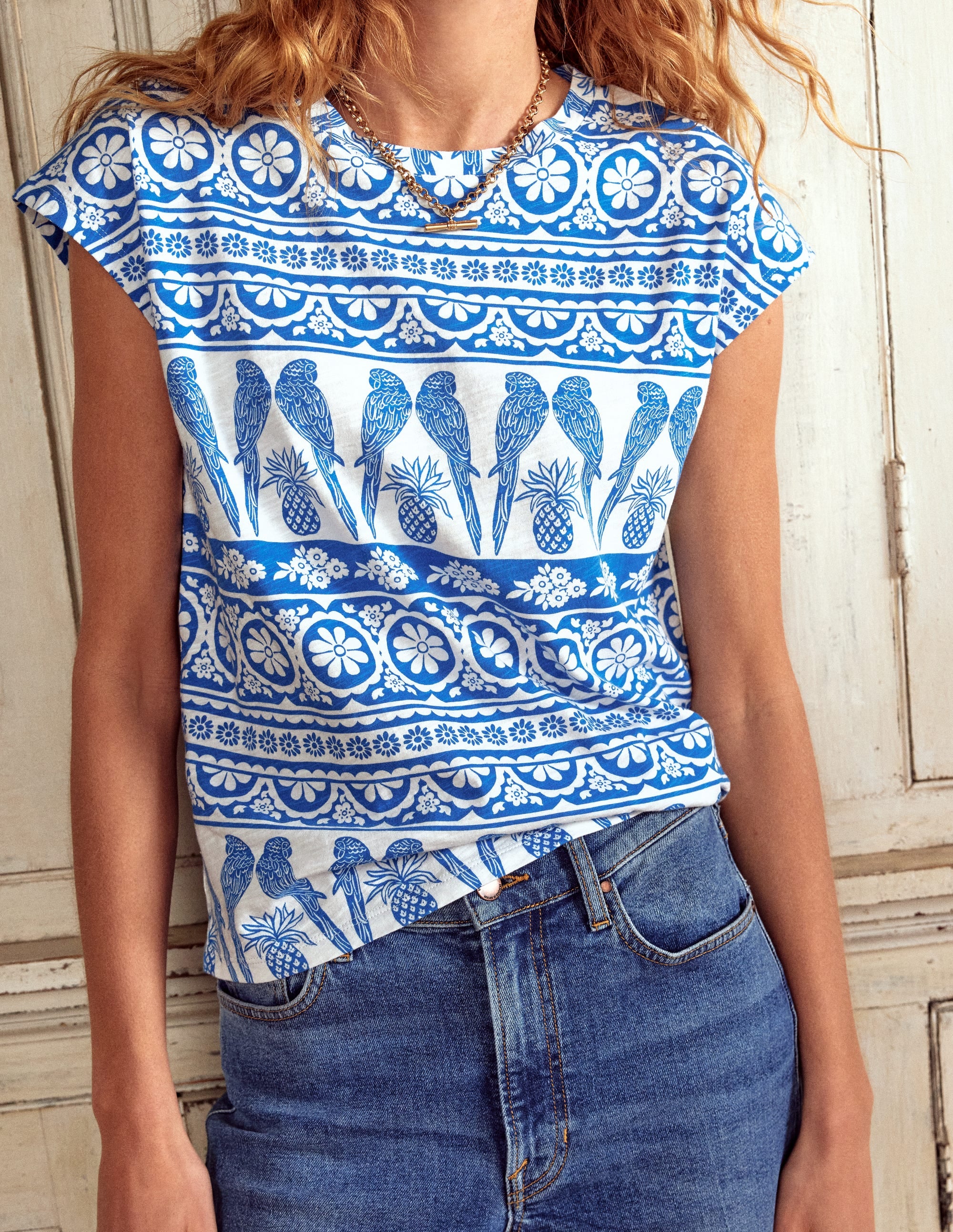 Louisa Slub T-Shirt-Cerulean Blue, Ornate Tropic - Image 2