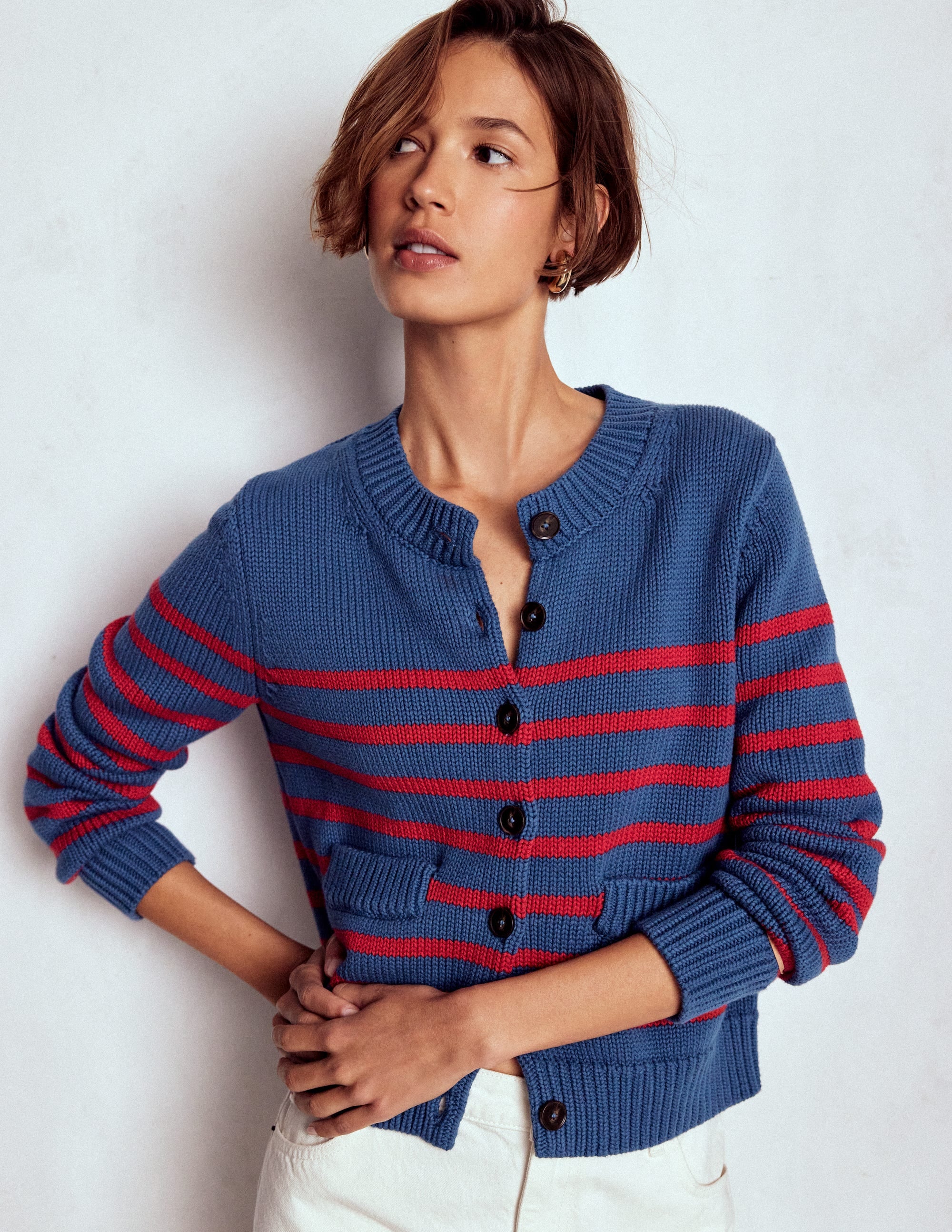 Lucy Chunky Cotton Cardigan-Soft Navy and Red Stripe - Image 6