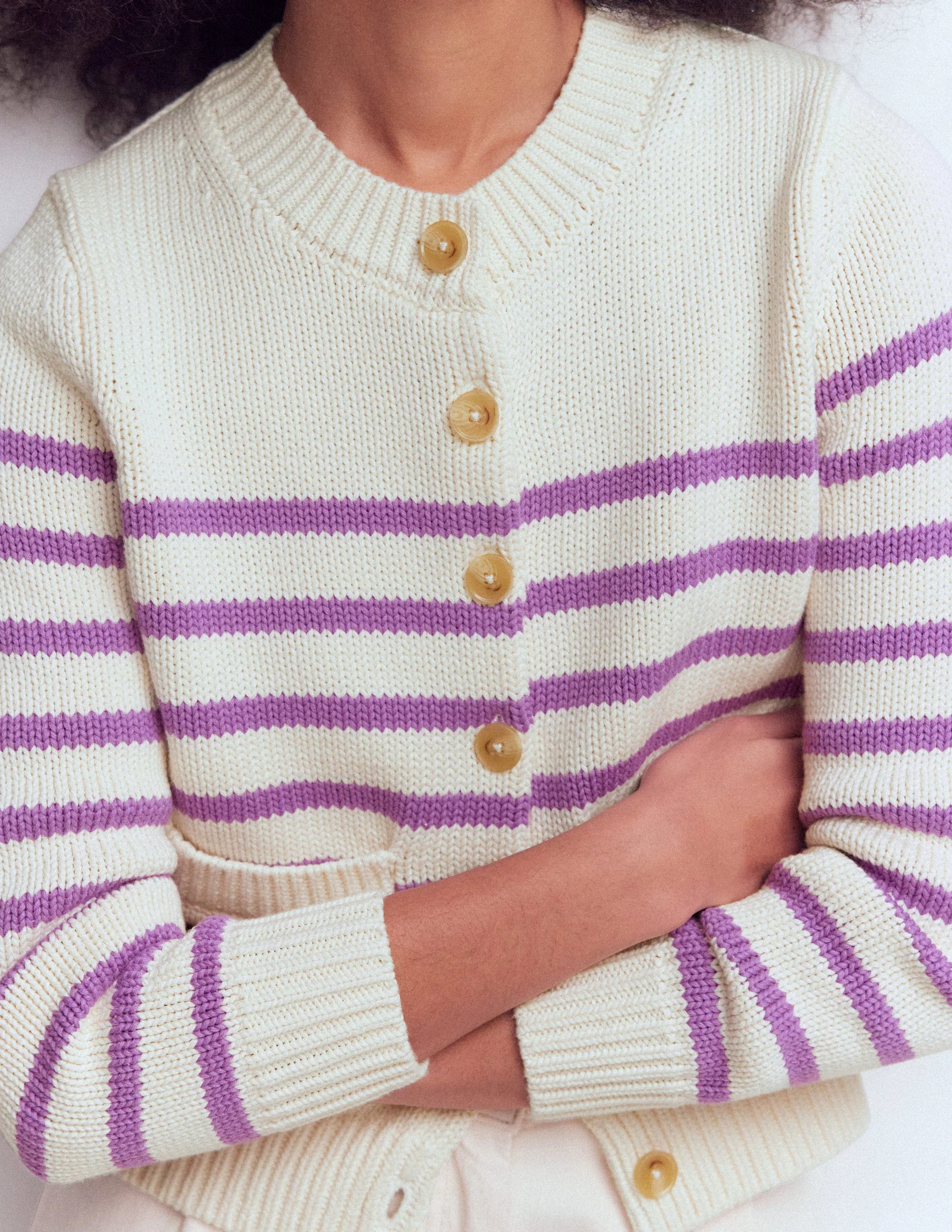 Lucy Chunky Cotton Cardigan-Warm Ivory/ Mulberry Purple - Image 2