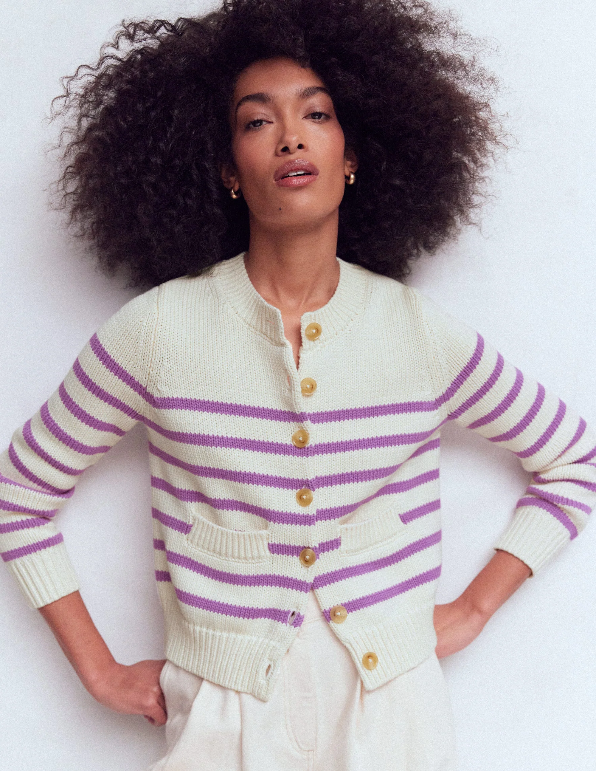 Lucy Chunky Cotton Cardigan-Warm Ivory/ Mulberry Purple - Image 5