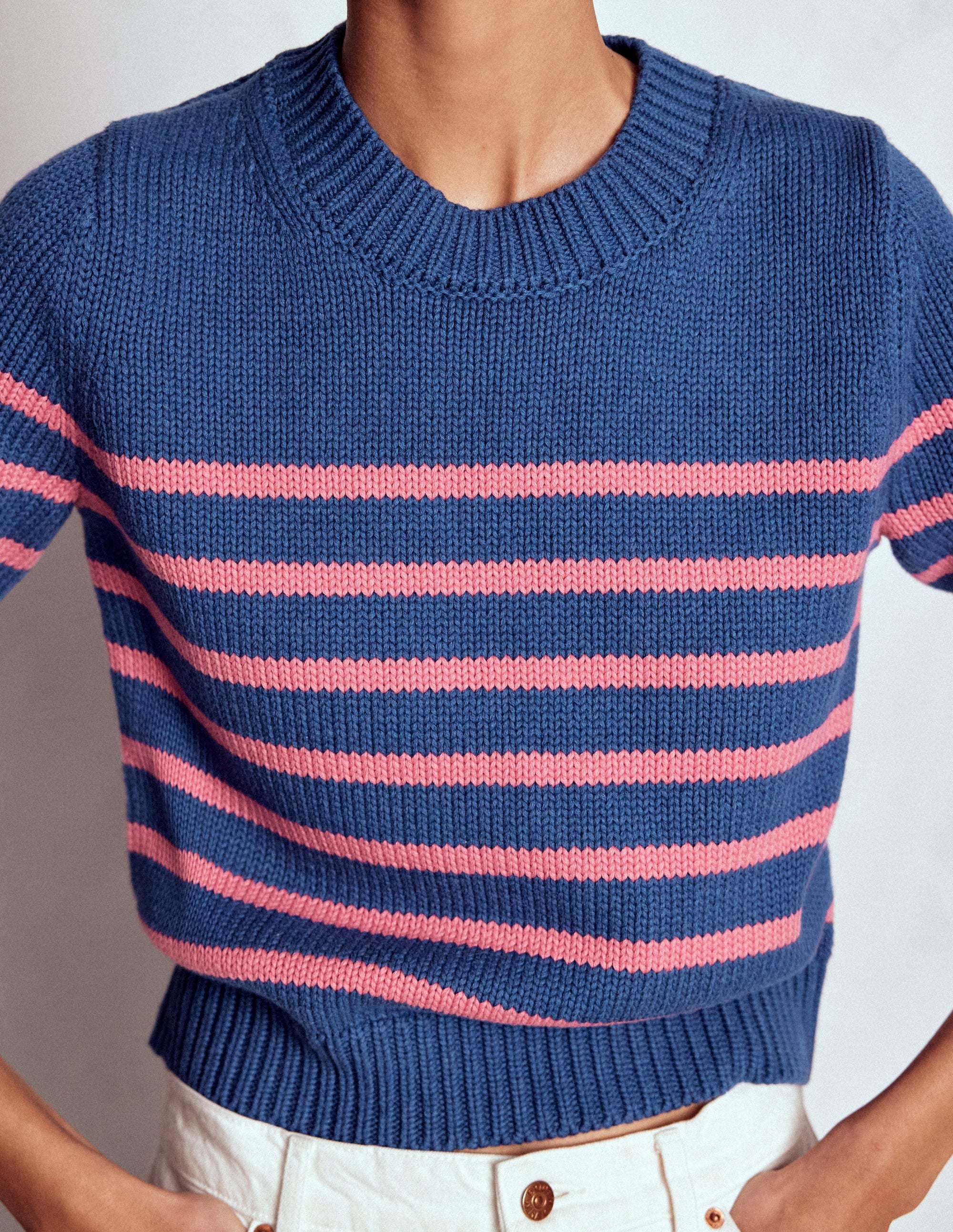 Lucy Chunky Cotton Jumper-Blue, Pink Stripe - Image 2