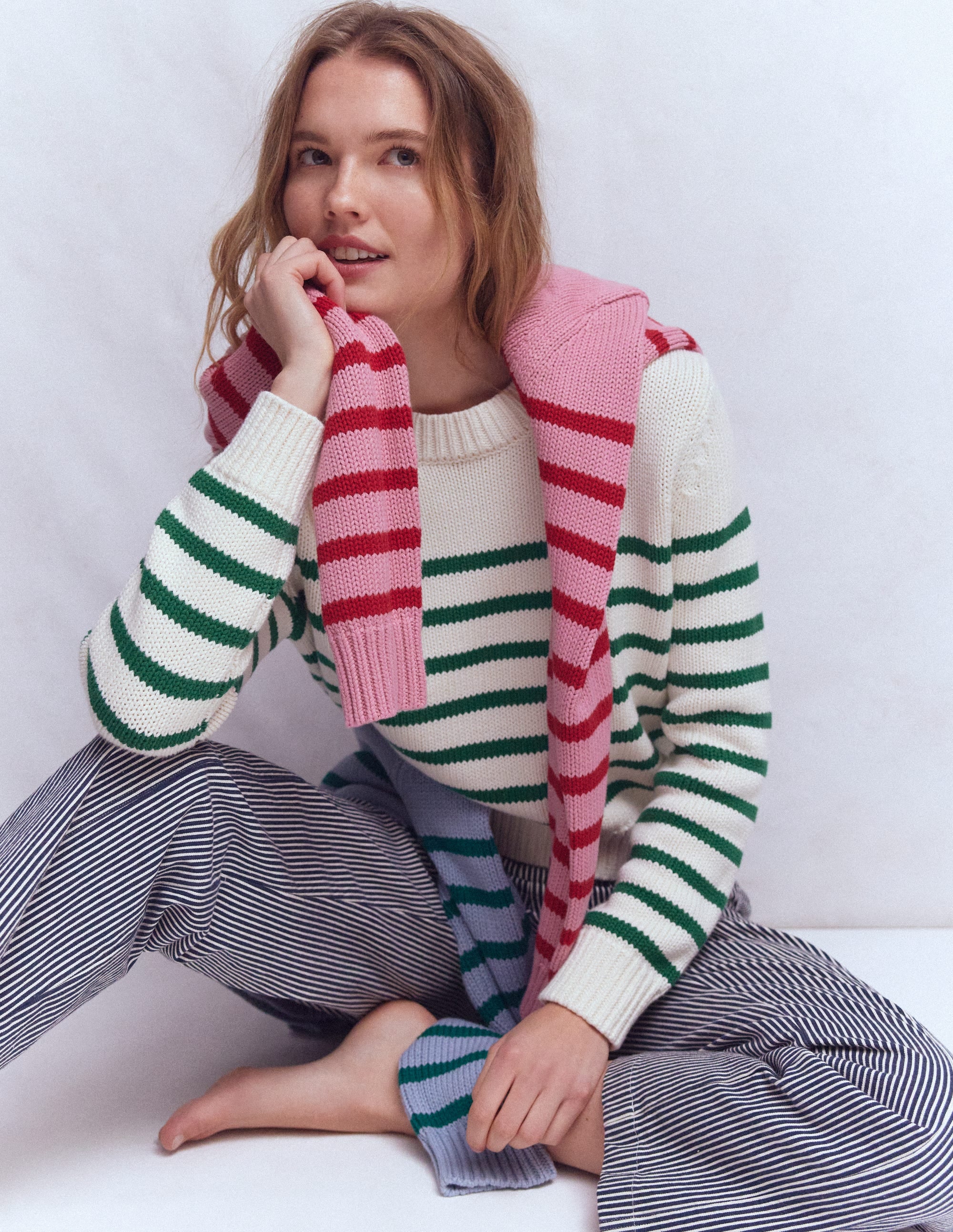 Lucy Chunky Cotton Jumper-Ivory and Jewel Green Stripe