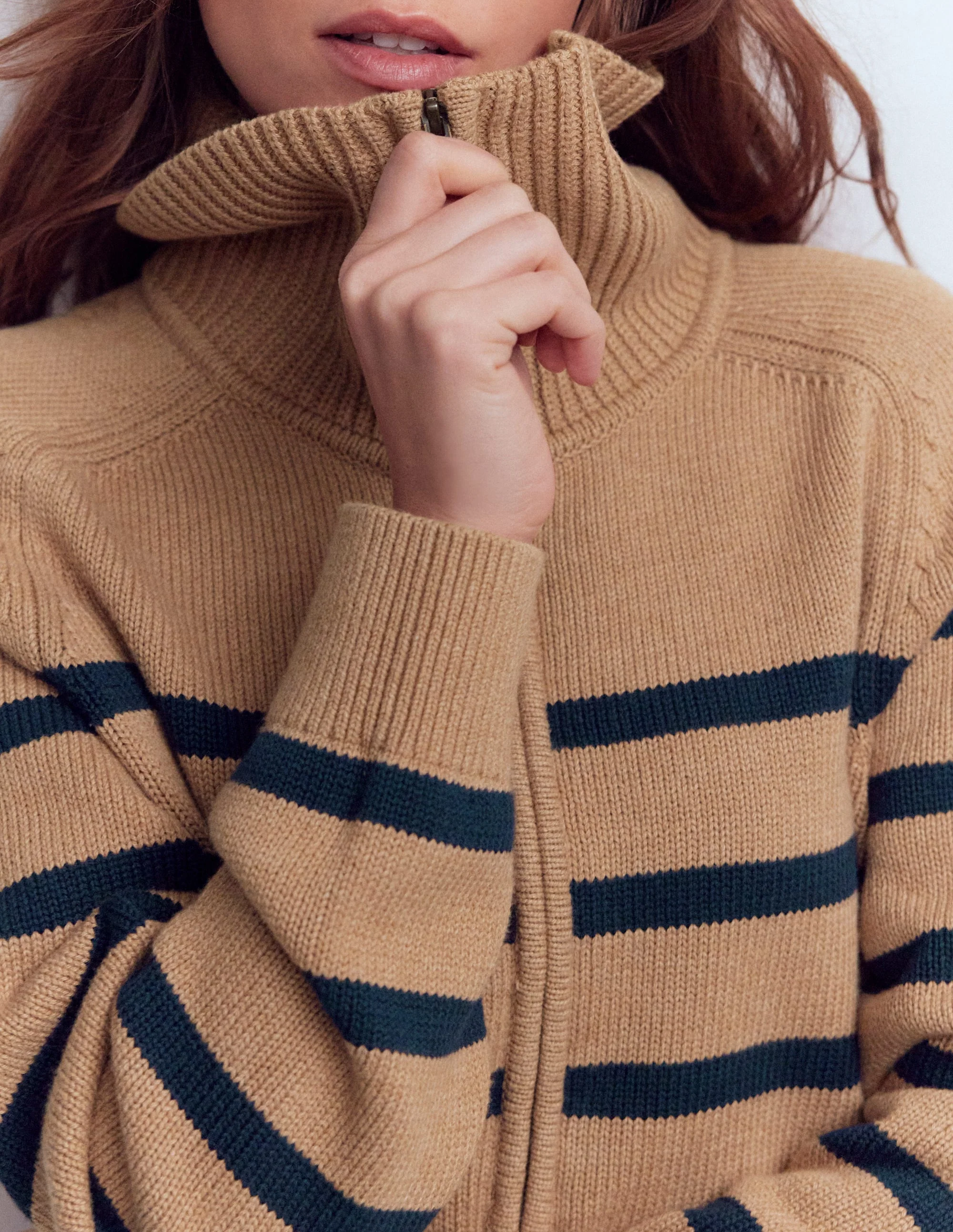 Lucy Half-zip Jumper-Camel Melange, Navy Stripe - Image 2