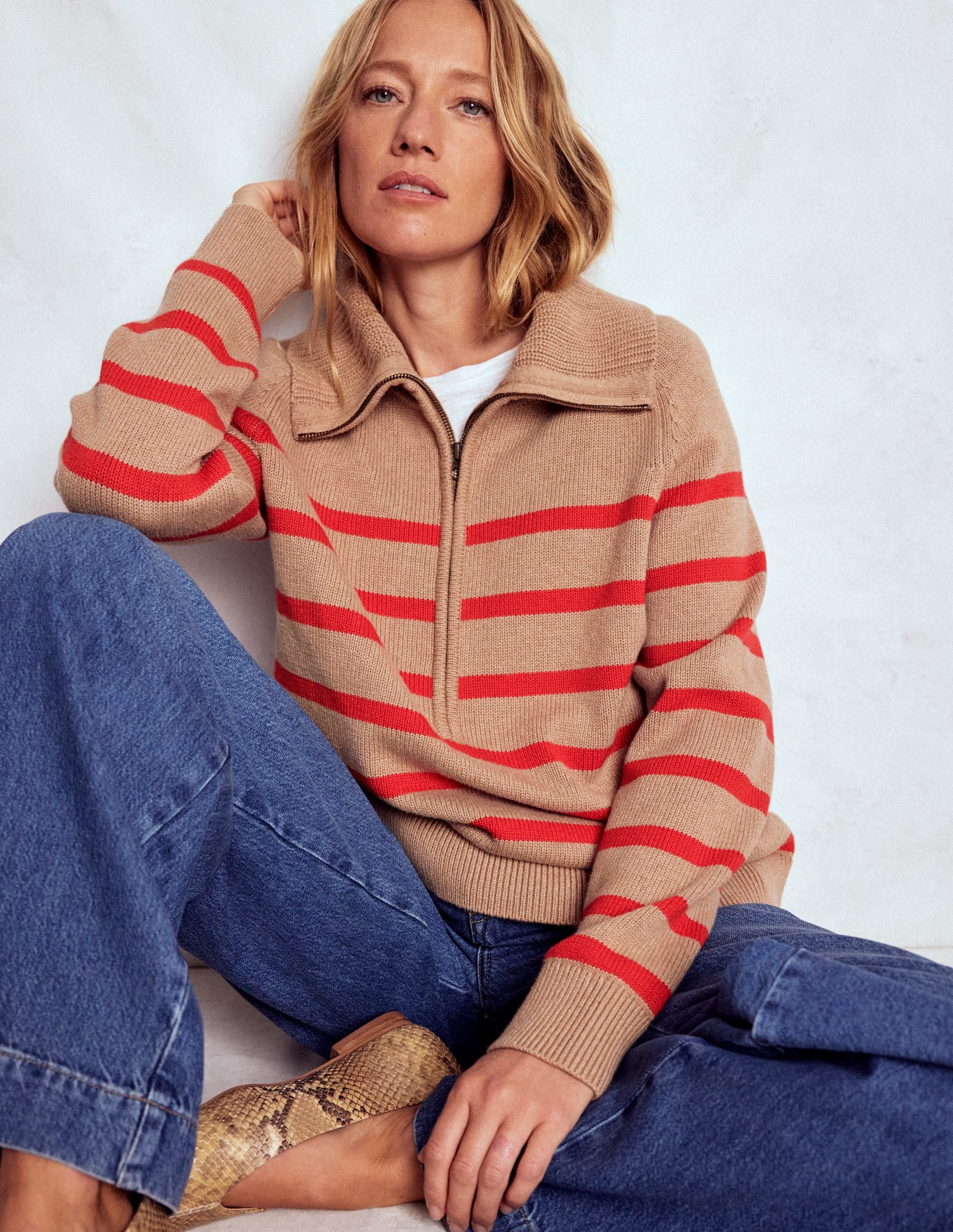Lucy Half-zip Jumper-Camel Melange, Red Stripe