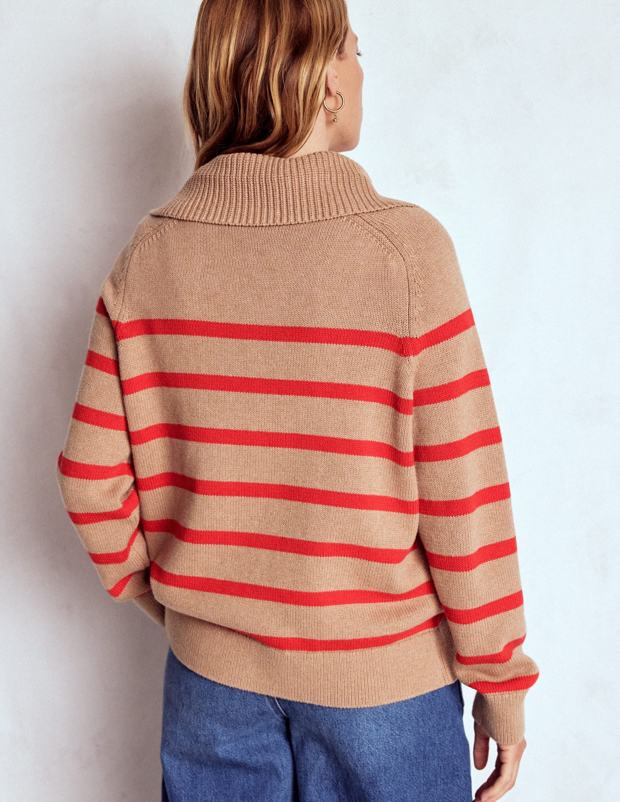 Lucy Half-zip Jumper-Camel Melange, Red Stripe - Image 4