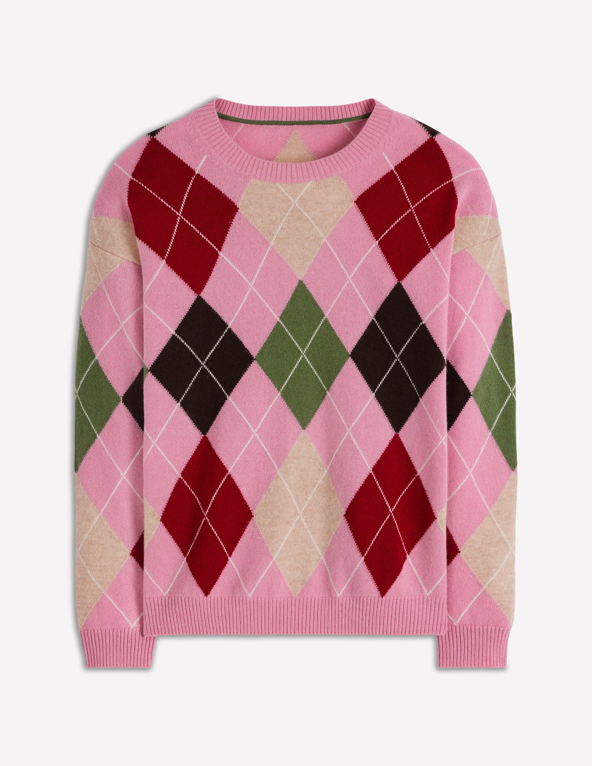 Lydia Cashmere Jumper-Pink, Brown and Green Argyle - Image 5