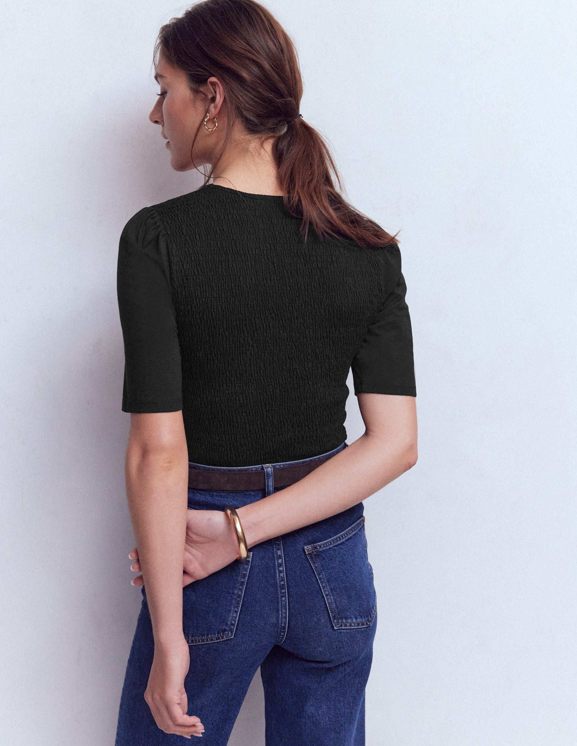 Lyla Smocked V Neck Top-Black - Image 3