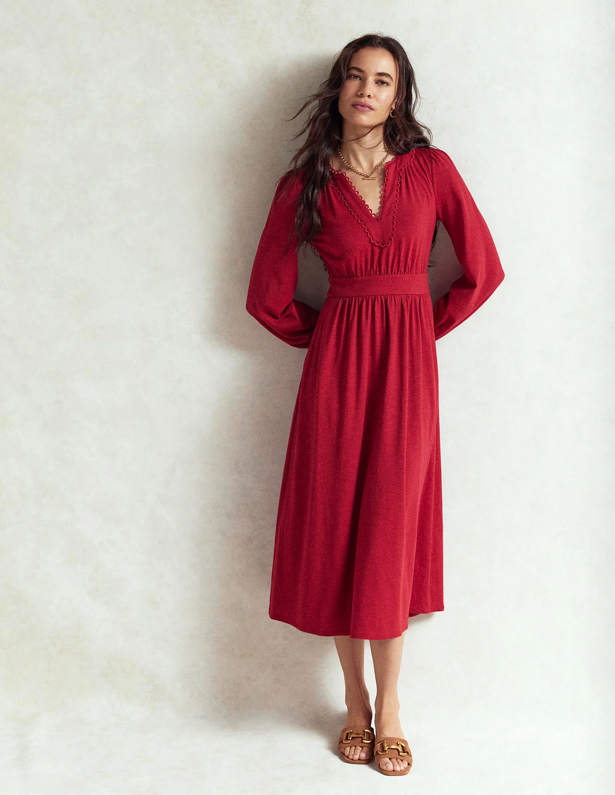 Maddie Picot Trim Midi Dress-Carmine Red
