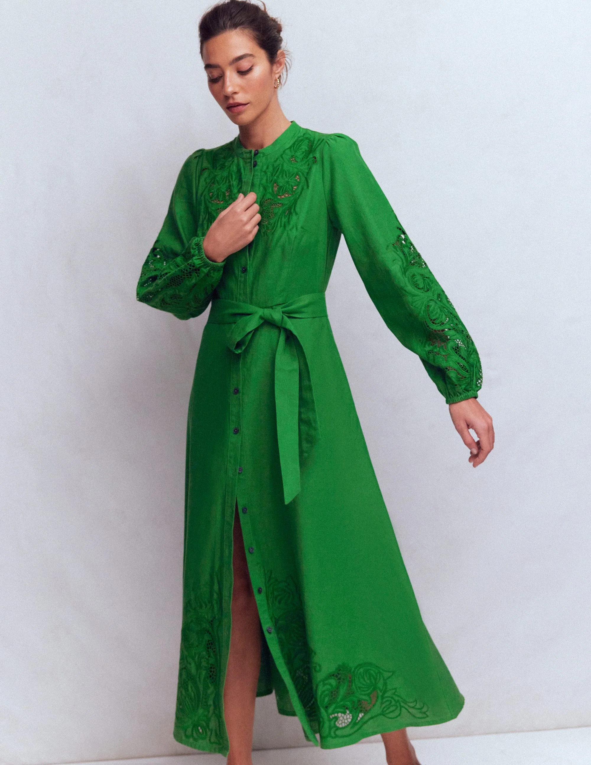 Mae Linen Blend Shirt Dress-Highland Green
