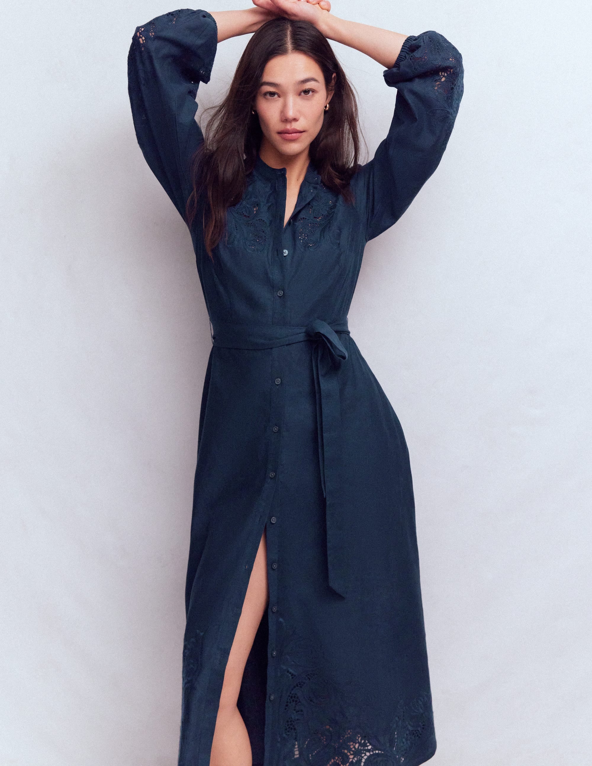 Mae Linen Blend Shirt Dress-Navy - Image 4