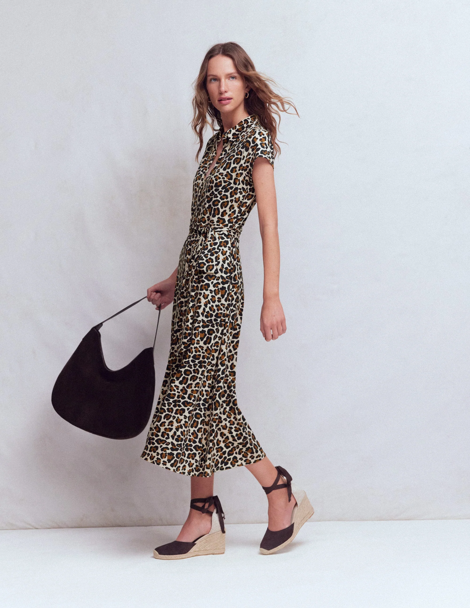 Marcia Jersey Shirt Dress-Almond Milk, Cheetah Pop - Image 4