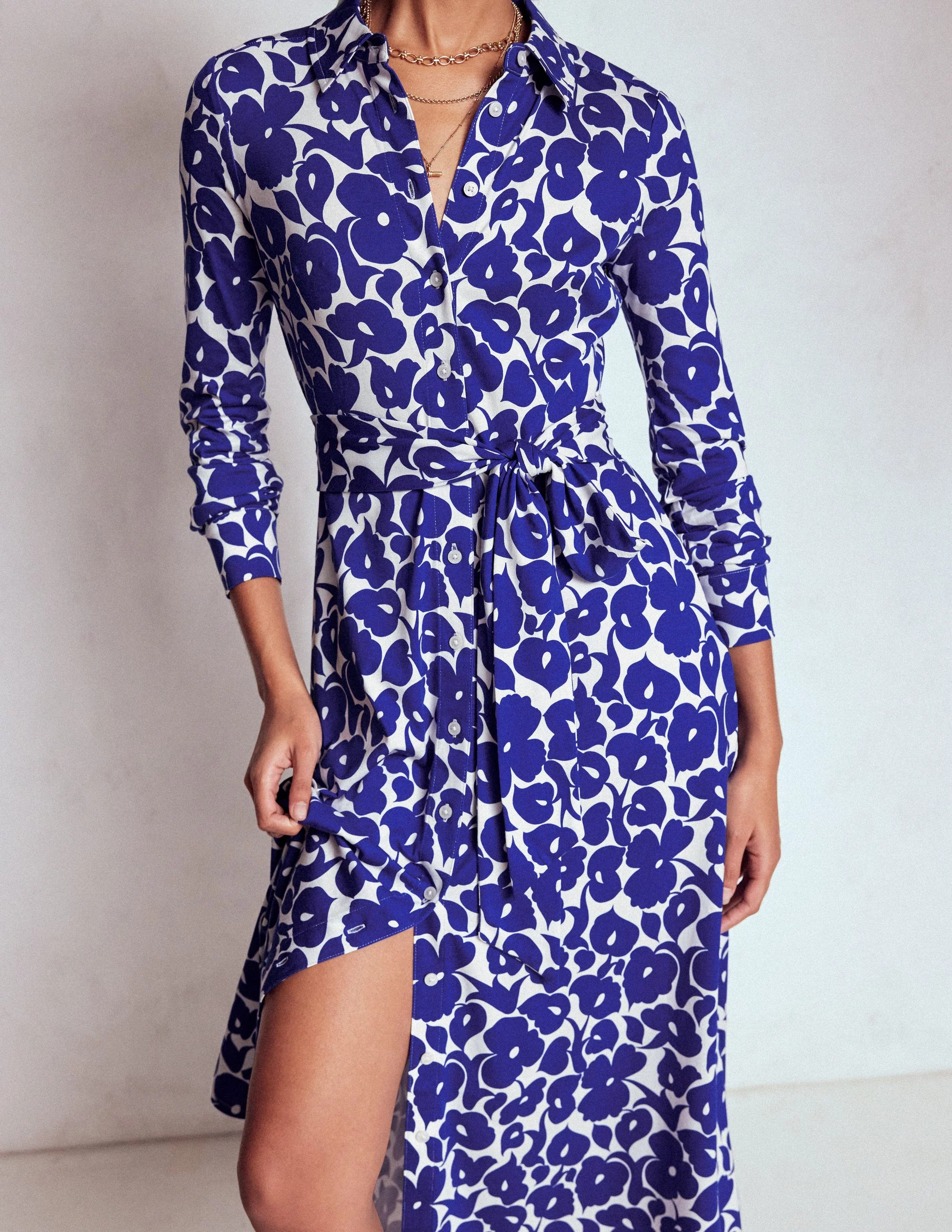 Marcia Jersey Shirt Dress-Bright Blue, Leafy Grove - Image 2