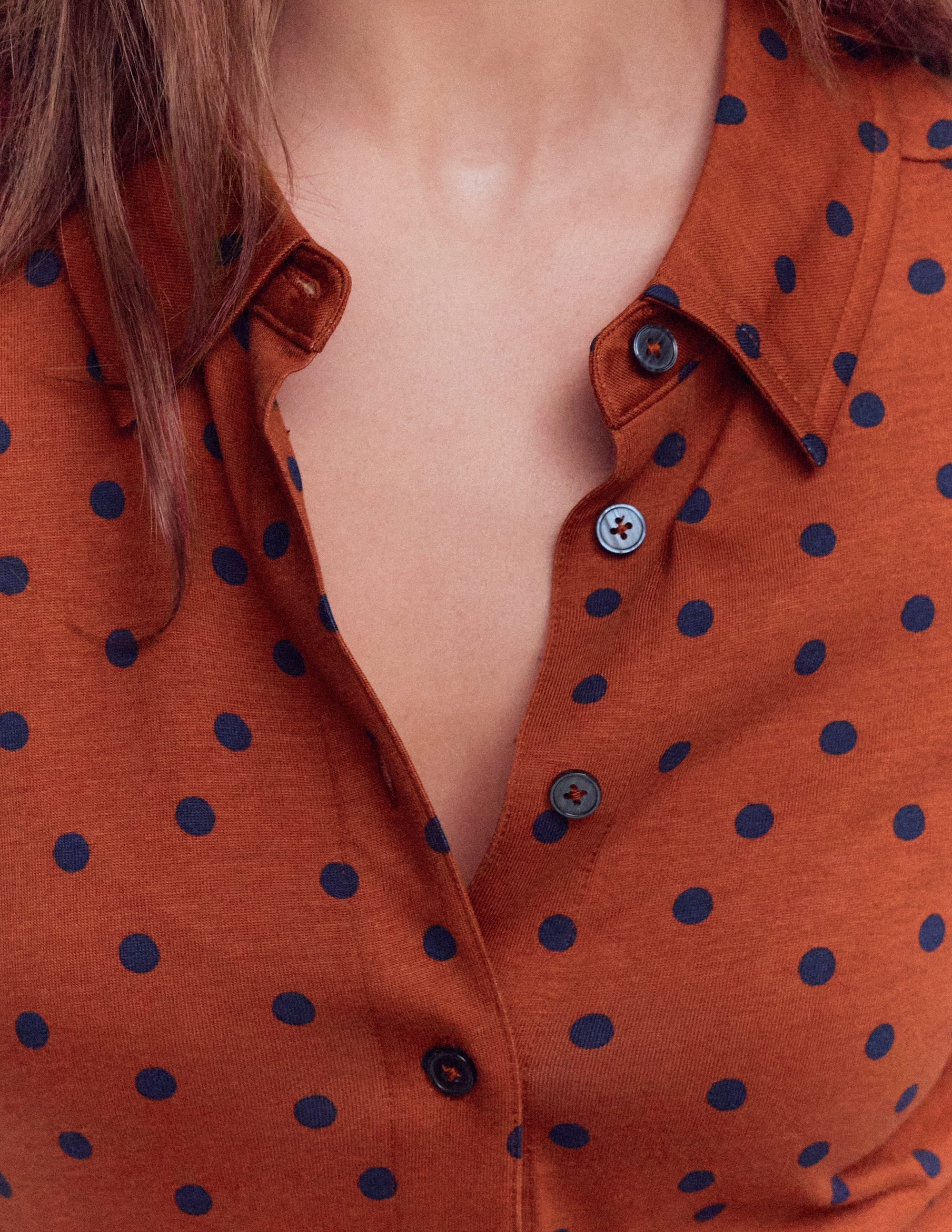 Marcia Jersey Shirt Dress-Burnt Orange, Navy Spot - Image 2