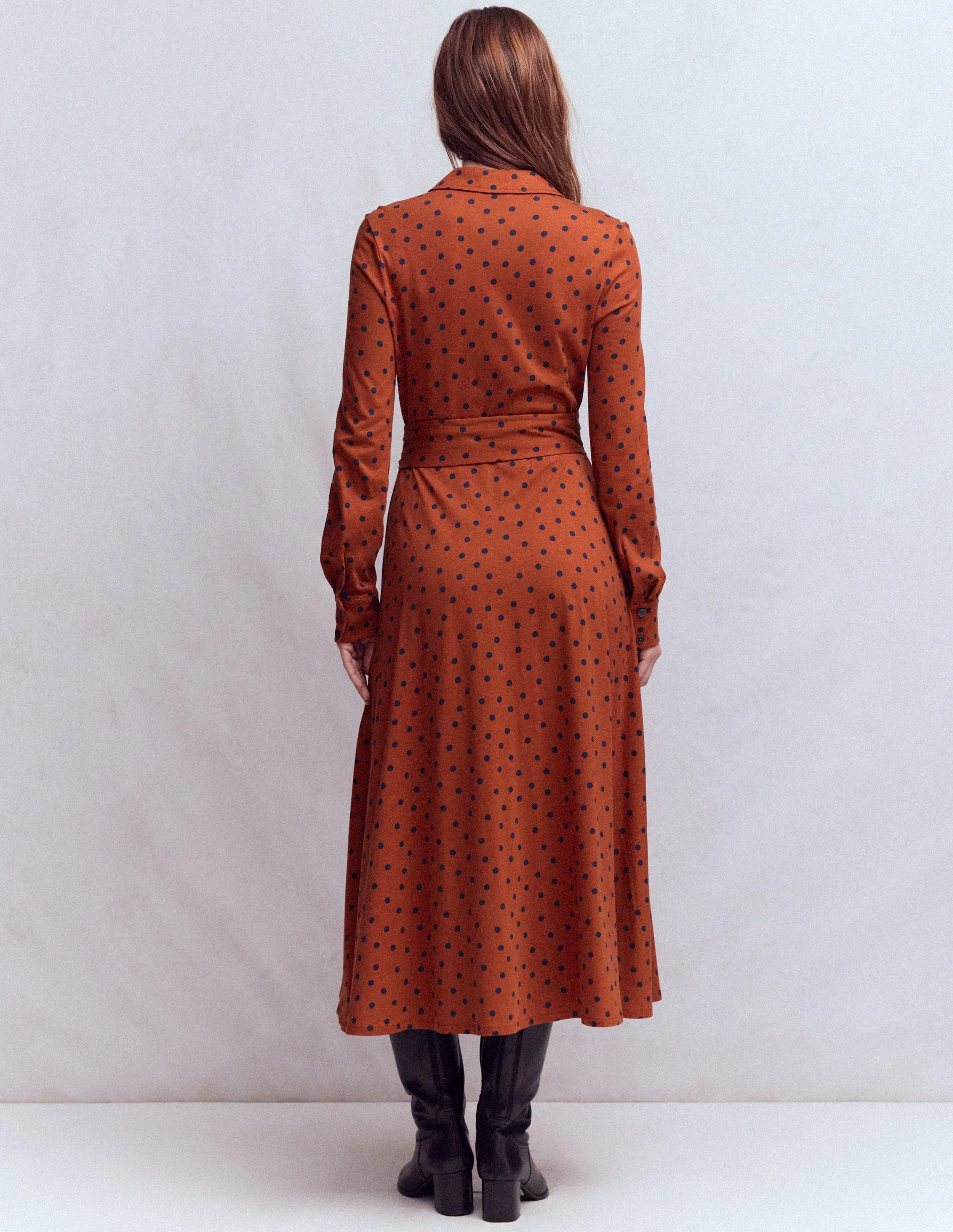 Marcia Jersey Shirt Dress-Burnt Orange, Navy Spot - Image 3