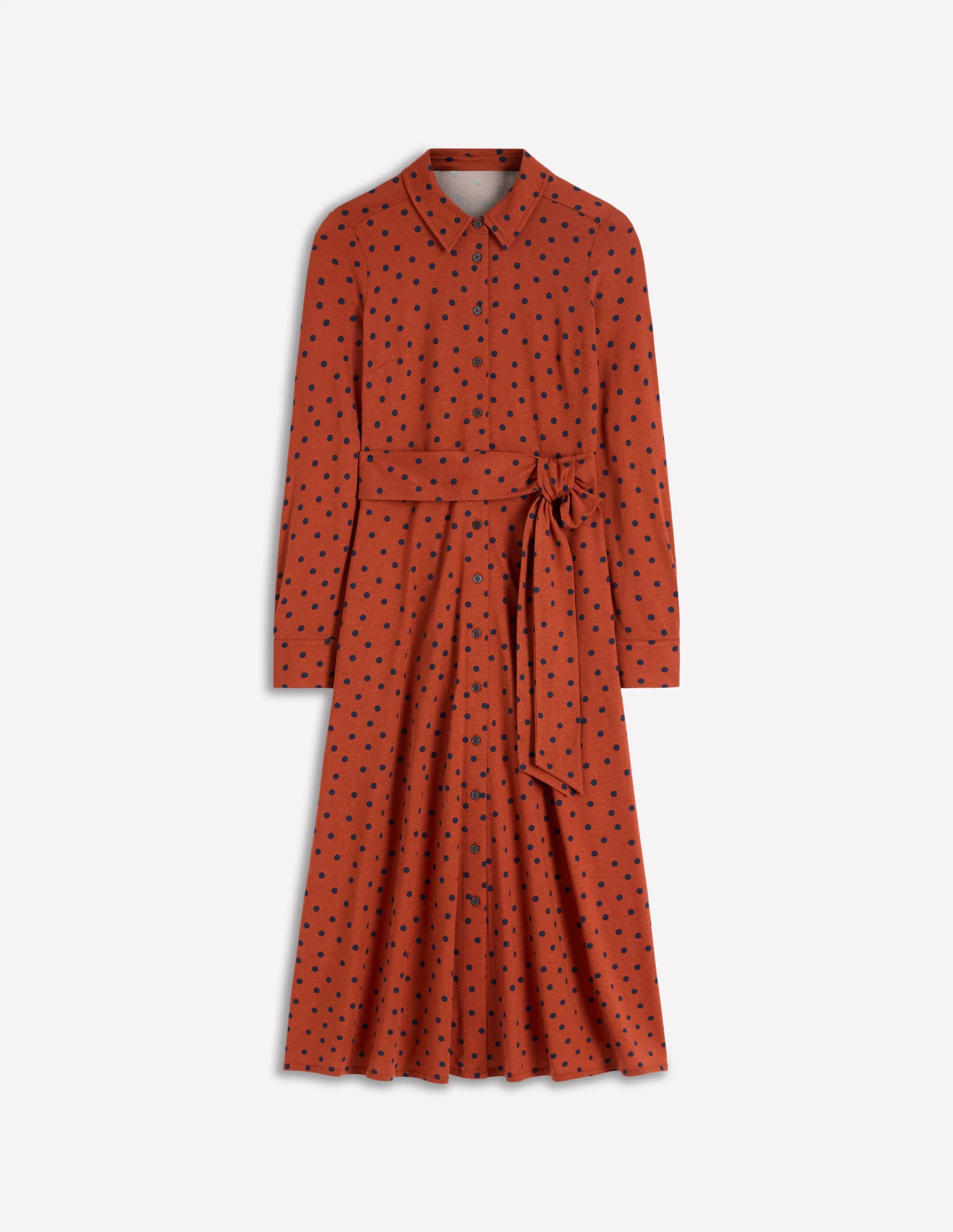Marcia Jersey Shirt Dress-Burnt Orange, Navy Spot - Image 5