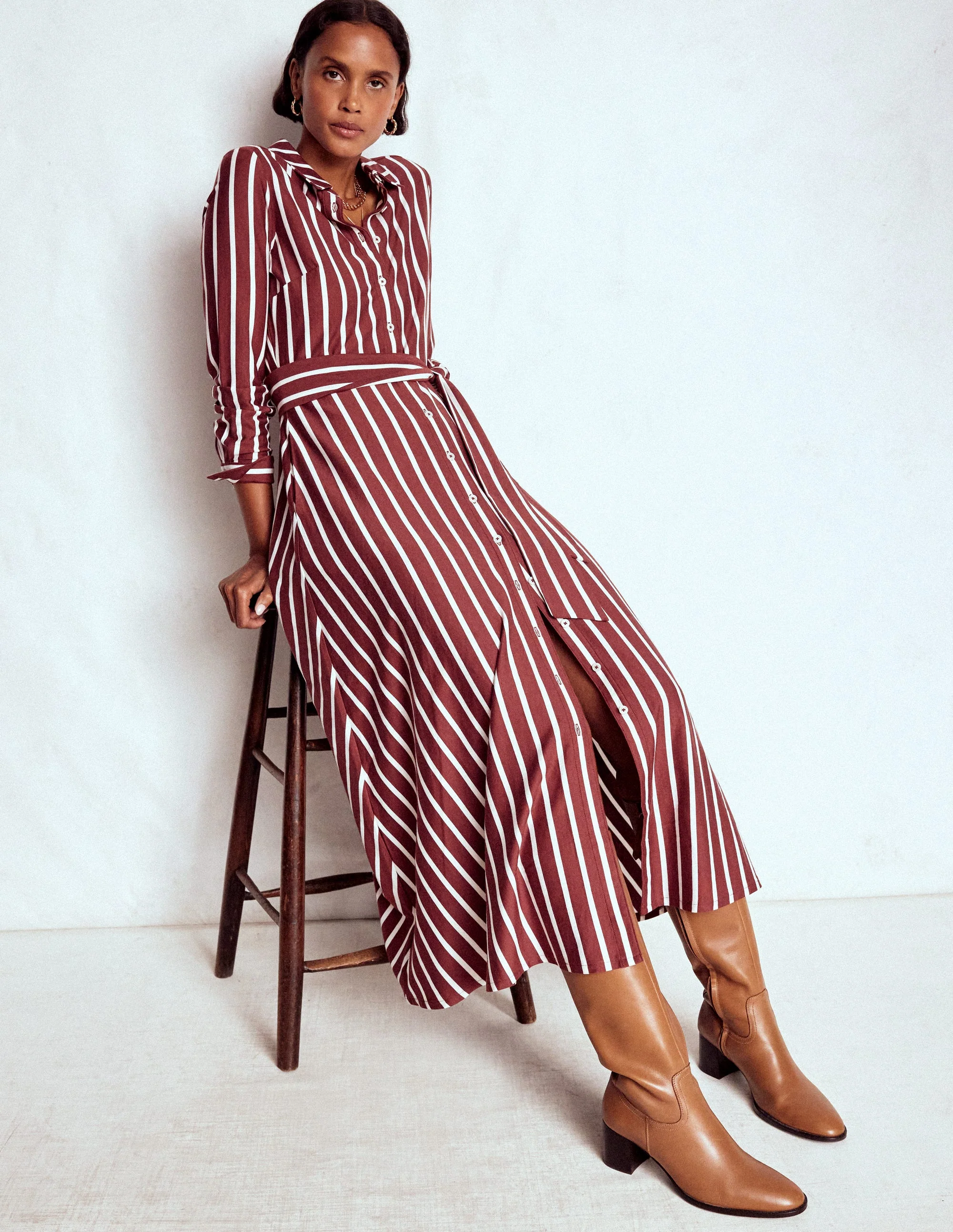 Marcia Jersey Shirt Dress-Burnt Orange, Painted Dot